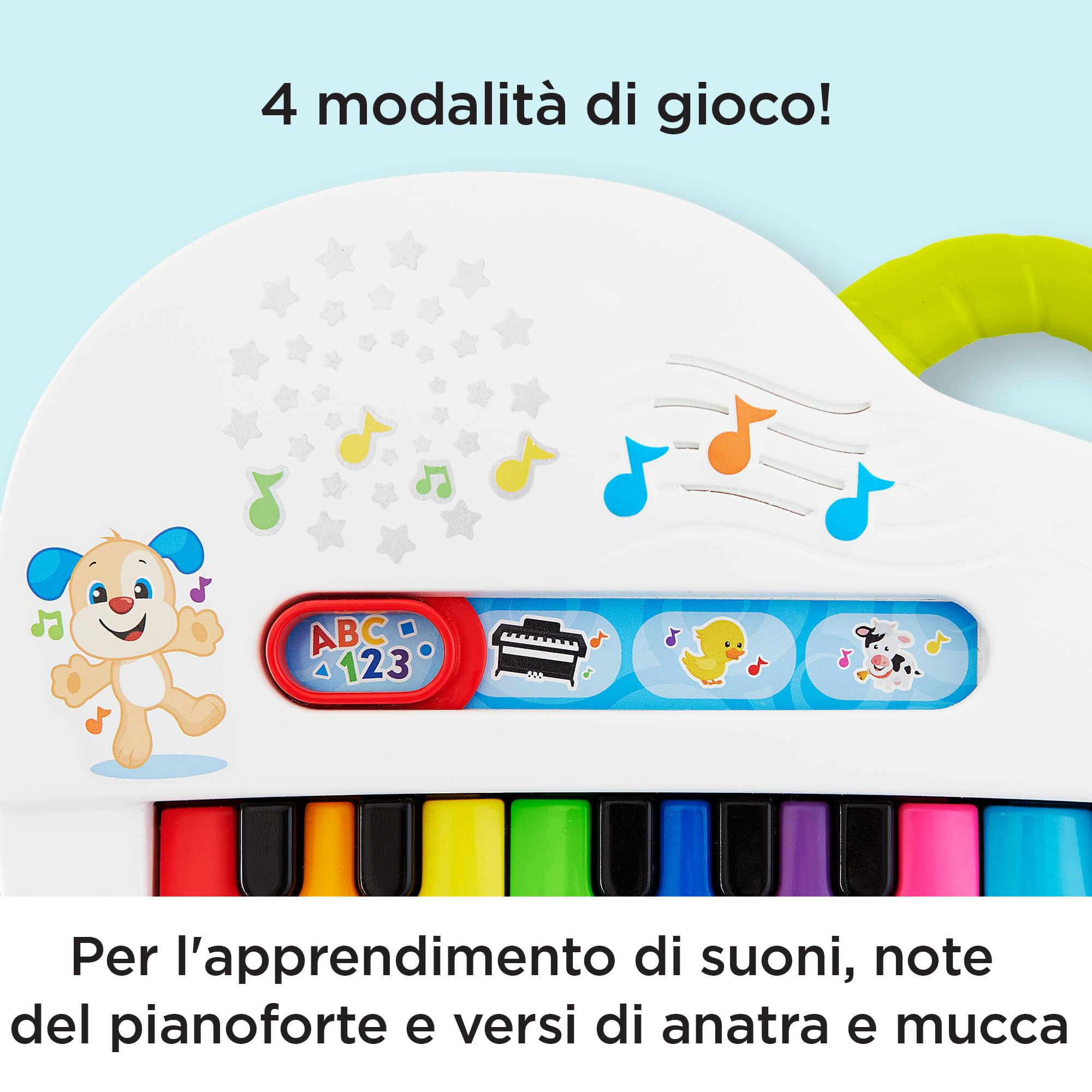 Fisher-Price - Pianoforte di Cagnolino Ridi & Impara, Pianoforte Giocattolo Portatile con Luci, Musica, Versi degli Animali,Educativi, 6+ Mesi, Edizione Inglese+Italiano+Portoghese+Spagnolo, HHX13
