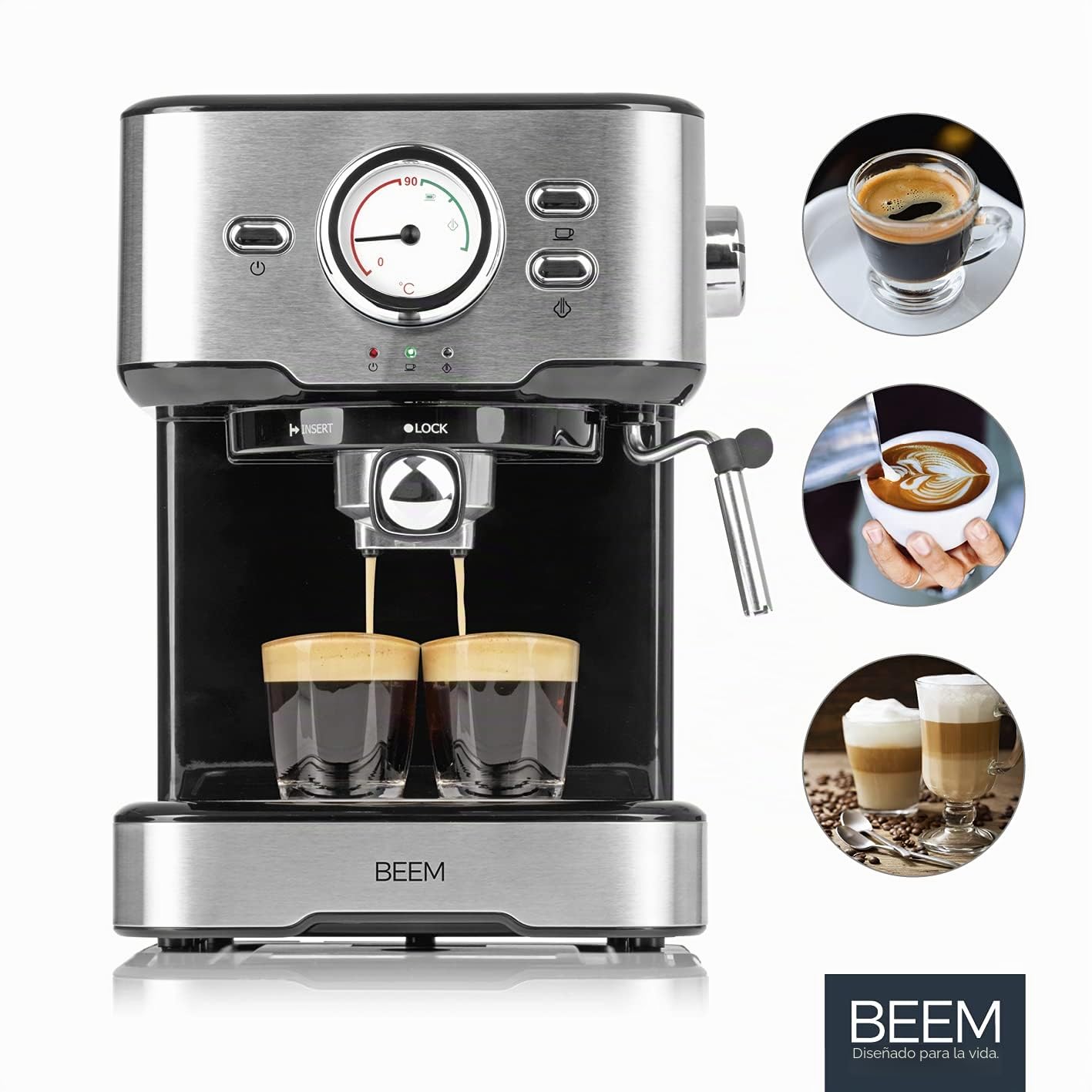 BEEM ESPRESSO-SELECT Máquina de café espresso en diseño clásico | Máquina portafiltros con 15 bar y boquilla de espuma de leche profesional para tus especialidades de café | Especialidades del café