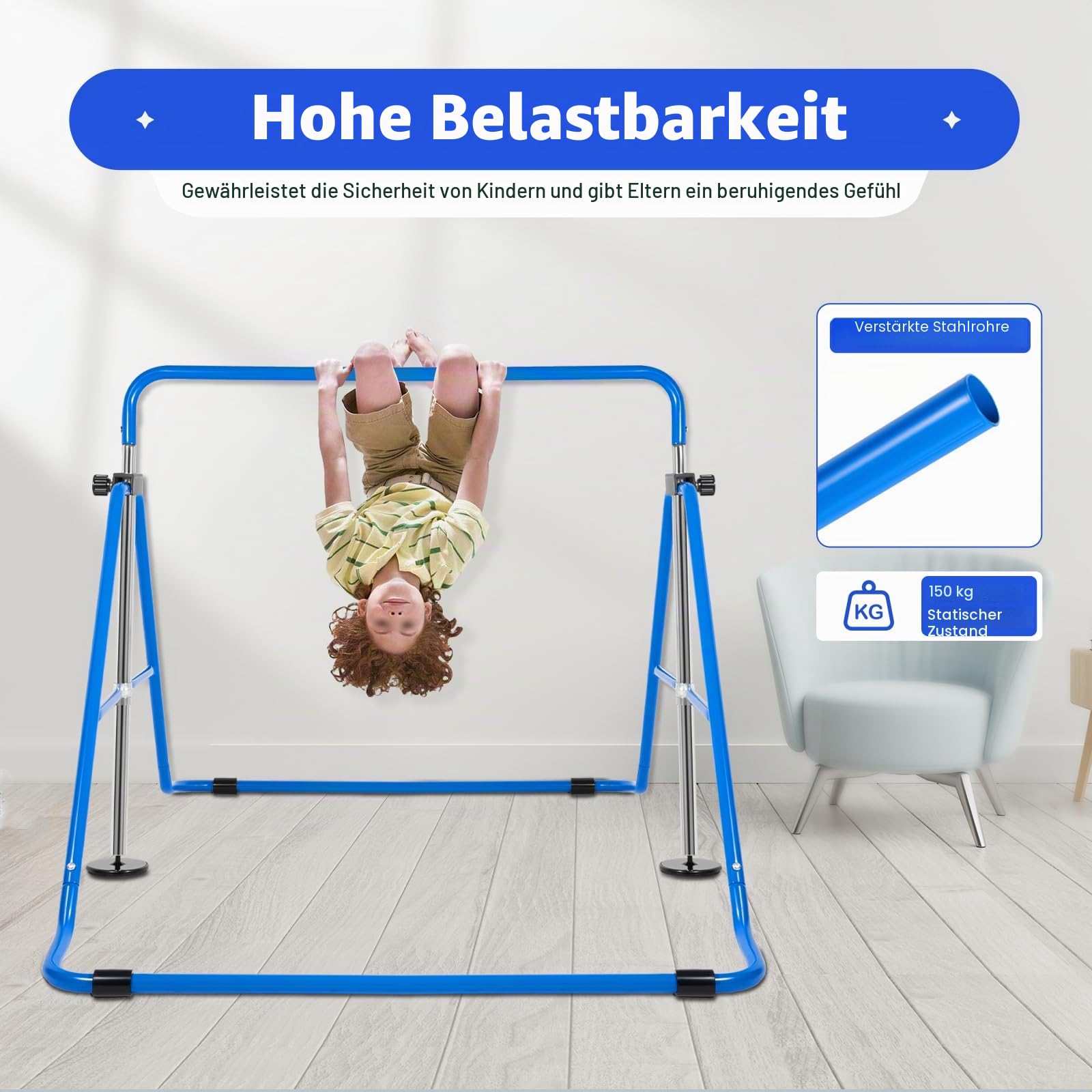 Faltbarer Gymnastikstange, Robuste Turnstange Reckstange Indoor mit 5 Höhenverstellbar, Trainingsgerät bis 150 kg, Kinder Turnreck Gymnastik Reck für Indoor-Training, Blau