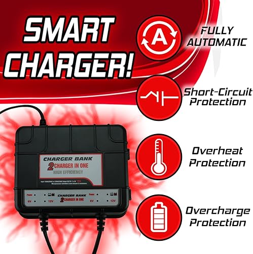 Cargador de batería de 5 A de ajuste automático - 6 V/12 V, 2 bancos, AGM y SLA - Salud de la batería mejorada