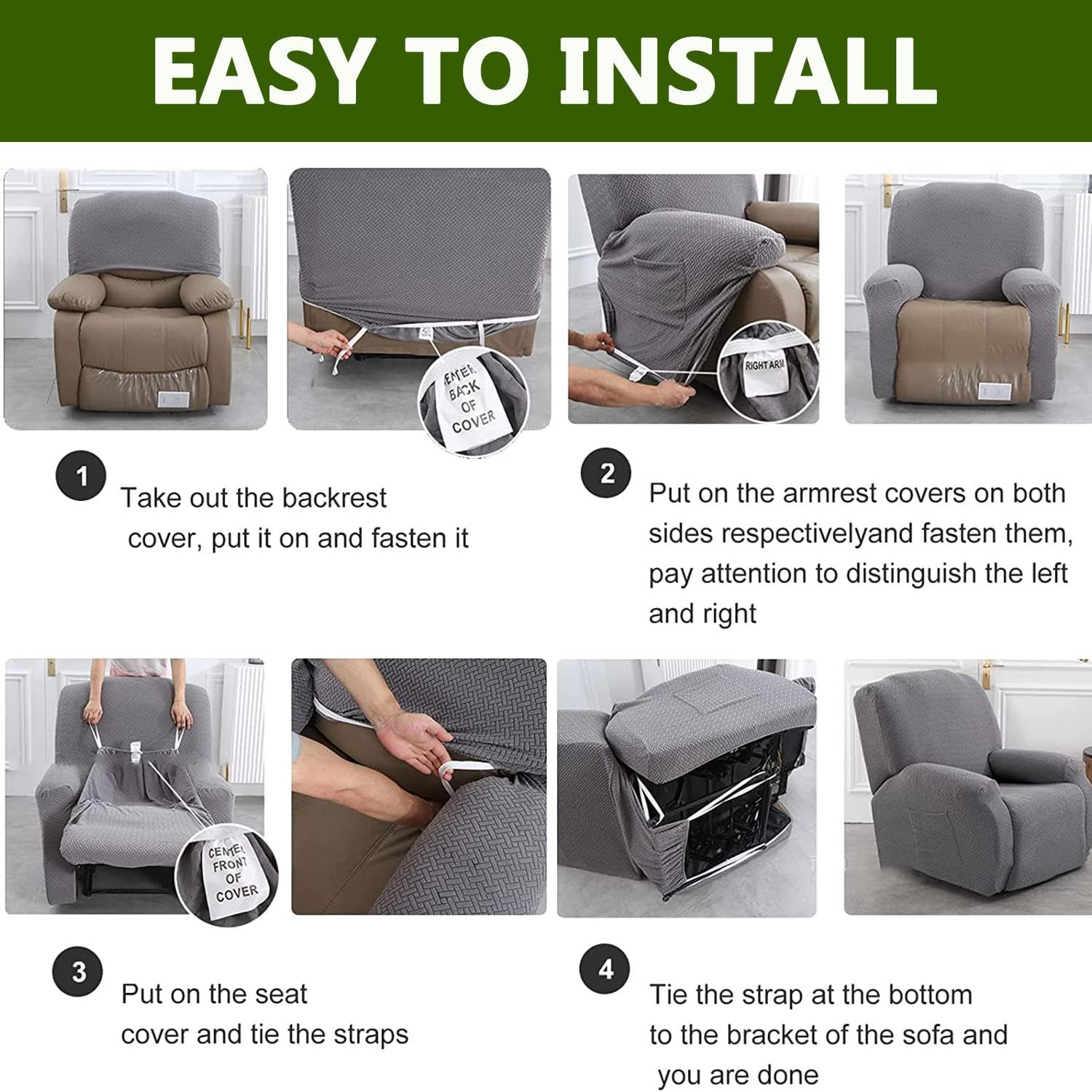 YOPOIY 1 Seat Recliner Covers, 4 Pieces Printed Patterned Lazy Boy Chair Cover for Recliner with Elastic Bottom Non Slip Couch Slipcover for Living Room-F-One Size