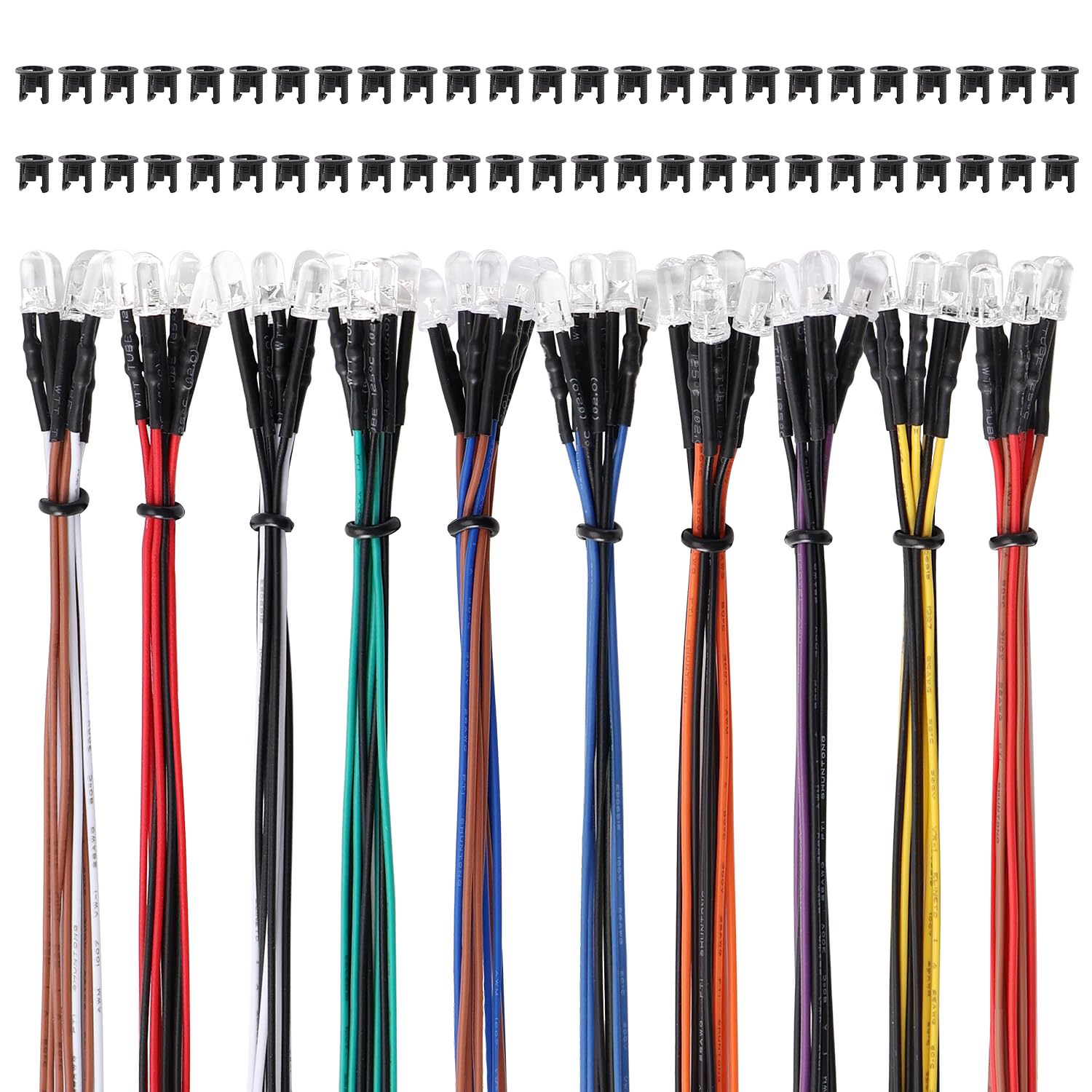 50 Pezzi 5mm 12V Diodo LED Precablata 20cm con Supporto Plastica, 10 Colori