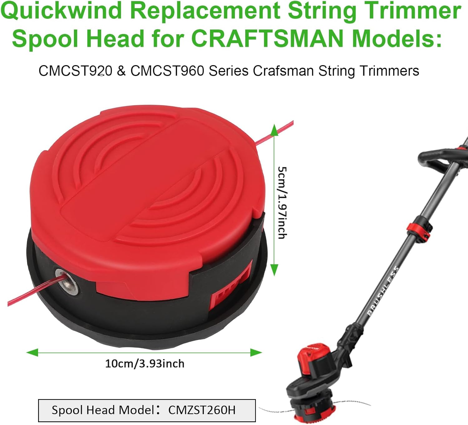 CMZST260H Replacement String Trimmer Spool Head Compatible with Craftsman CMCST920M1 CMCST920 CMCST960 CMCST960E1 Type 1, Qucikwind Weedwacker Series Cordless String Trimmer-2PACK
