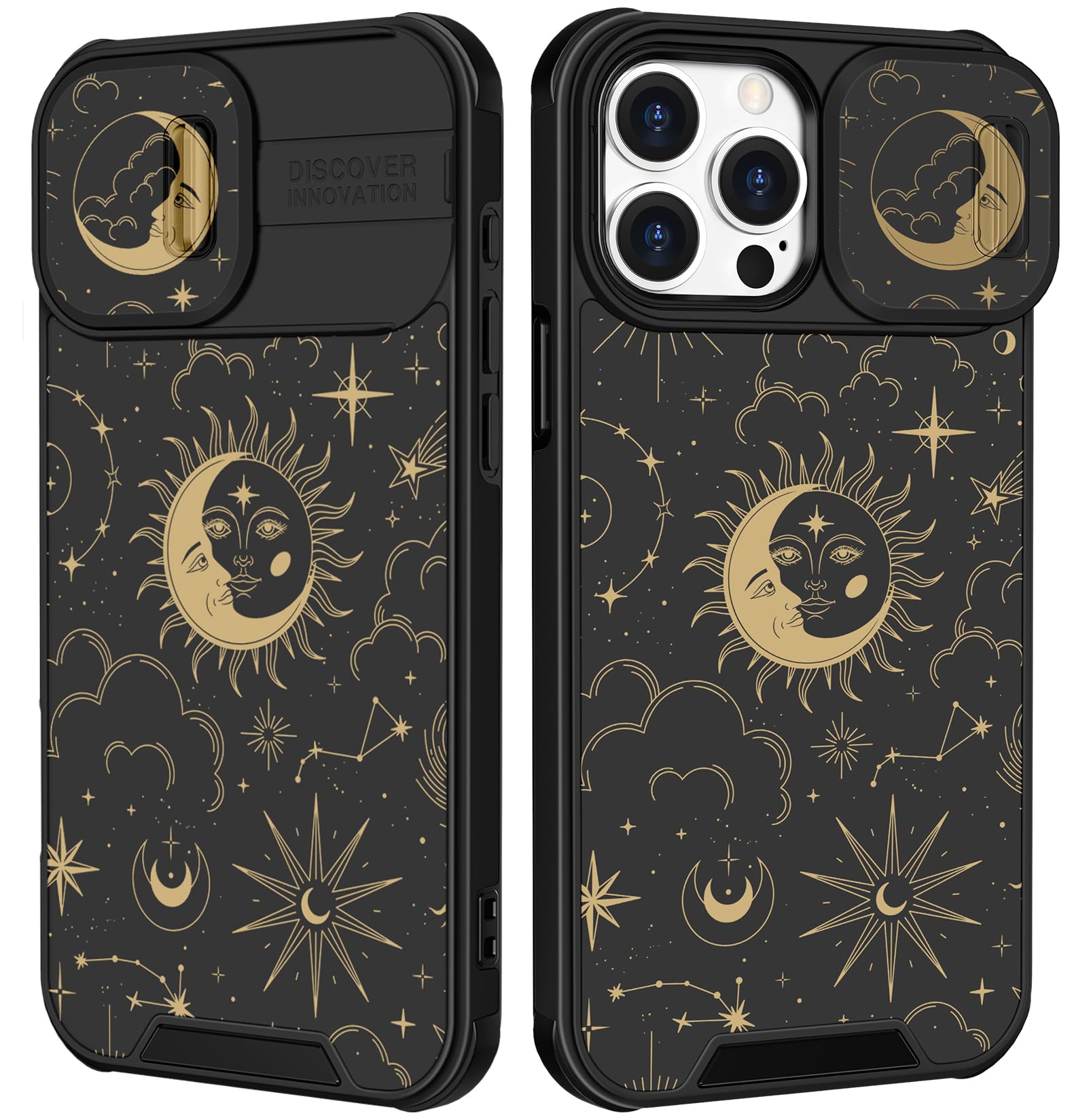 Funermei (2in1 for iPhone 15 Pro Max Case for Women Girls Cute Sun Moon Star Phone Cover Girly Pretty Black Aesthetic Unique Design with Camera Cover Funda for Apple for iPhone 15 ProMax Cases