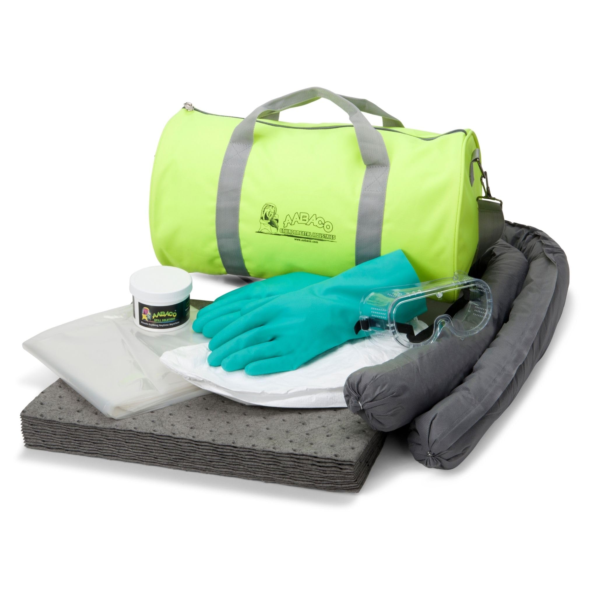 Chemical Only Spill KIT – Easy to Shoulder Duffel Bag - in a High Visibility Yellow Duffel Bag –for Spill Response– Absorbent Socks, Powder, Gloves Included, Clean up to 15 Gallons