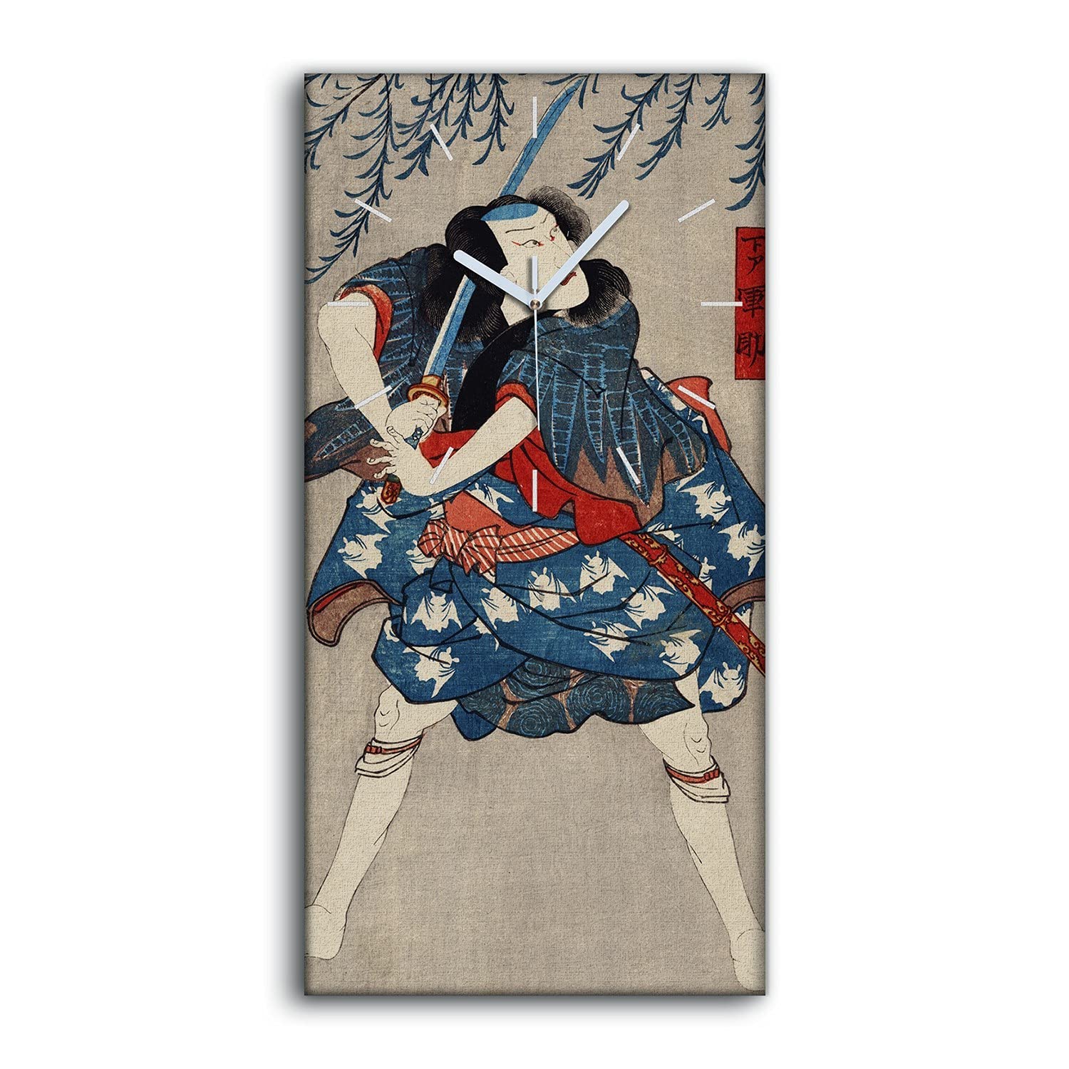 Horloge Silencieuse Toile Samouraï 30x60cm Art Moderne Salon Tableau Asiatique