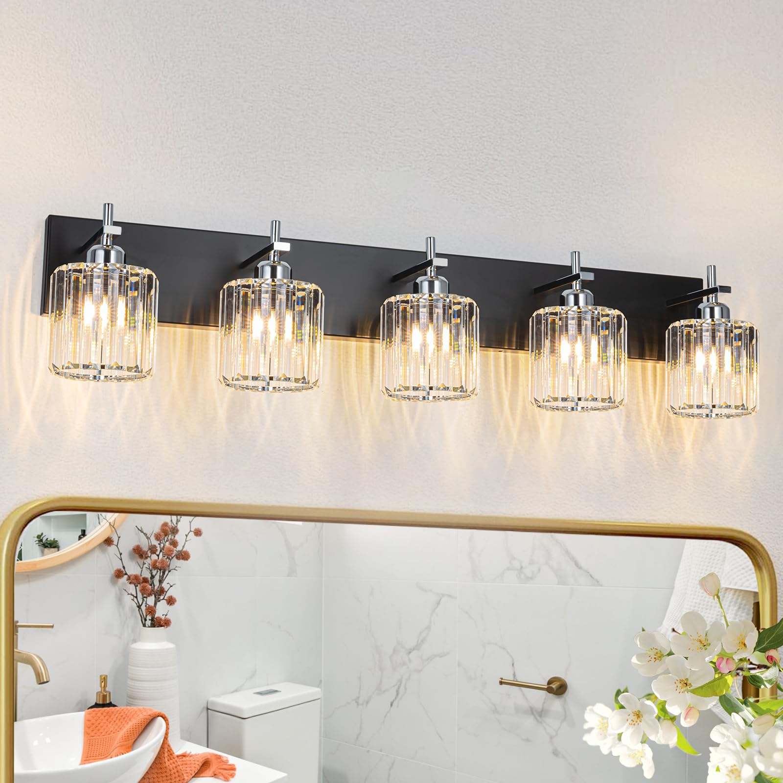 Modern Crystal Bathroom Vanity Lights, Black Chrome 5-Lights Bathroom Light Fixtures Over Mirror, Crystal Bathroom Wall Lighting with Round Shade