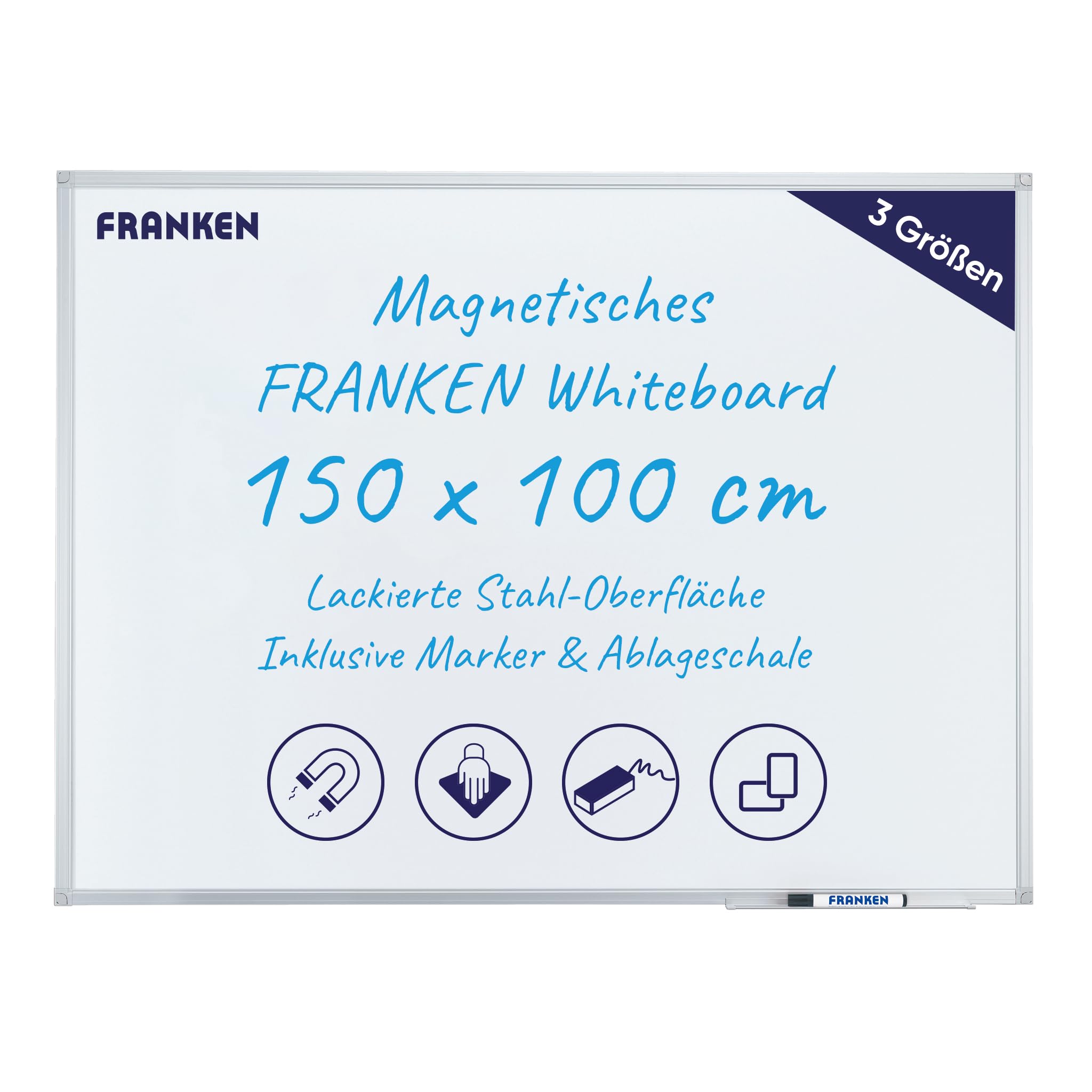 FRANKEN Magnetisches Whiteboard 150 x 100 cm, Magnettafel mit lackierter Stahl-Oberfläche, Schreibtafel inkl. FRANKEN Marker & Ablageschale, Für Büro, Home Office & Schule, Aluminiumrahmen, X-tra!Line