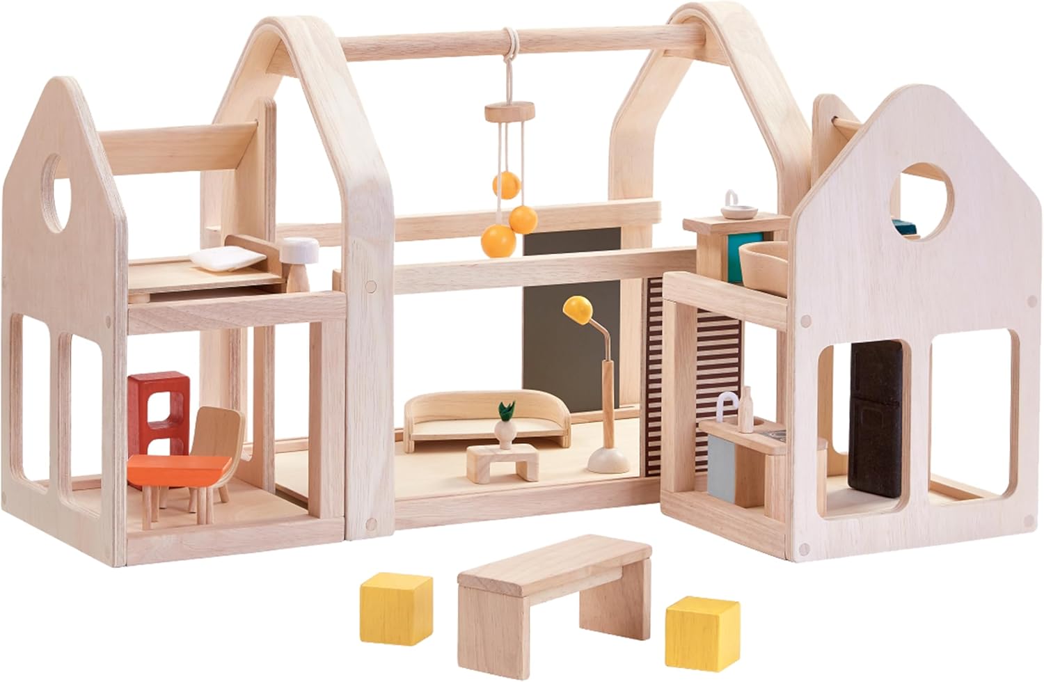 PlanToys® Slide N Go Wooden Dollhouse | Portable Modular Doll House with Sliding Units, 20-Piece Furniture Set & Open Layout | Pretend Play Dollhouse Compatible with 1:12 Scale Accessories
