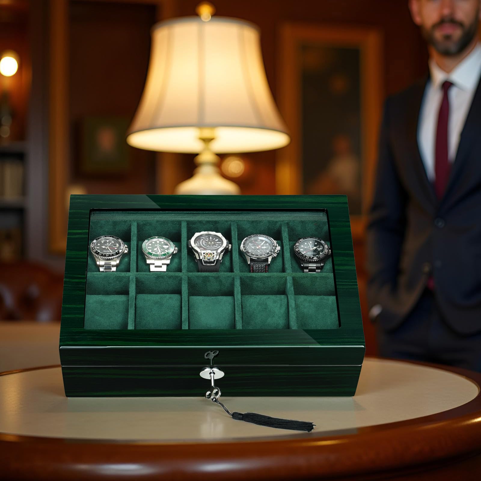 Caja organizadora de relojes para hombre, 10 relojes, pantalla de reloj inteligente, madera con interior de terciopelo suave, ventana de cristal grande, regalo para mujeres y hombres