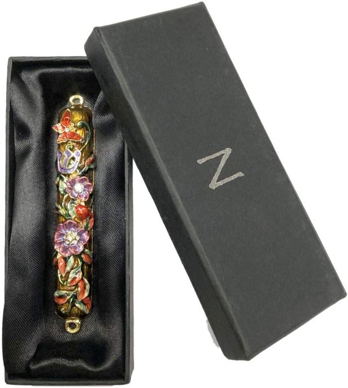 Nouvelle Collections Floral Design w/Butterfly Mezuzah Hand Painted Enamel