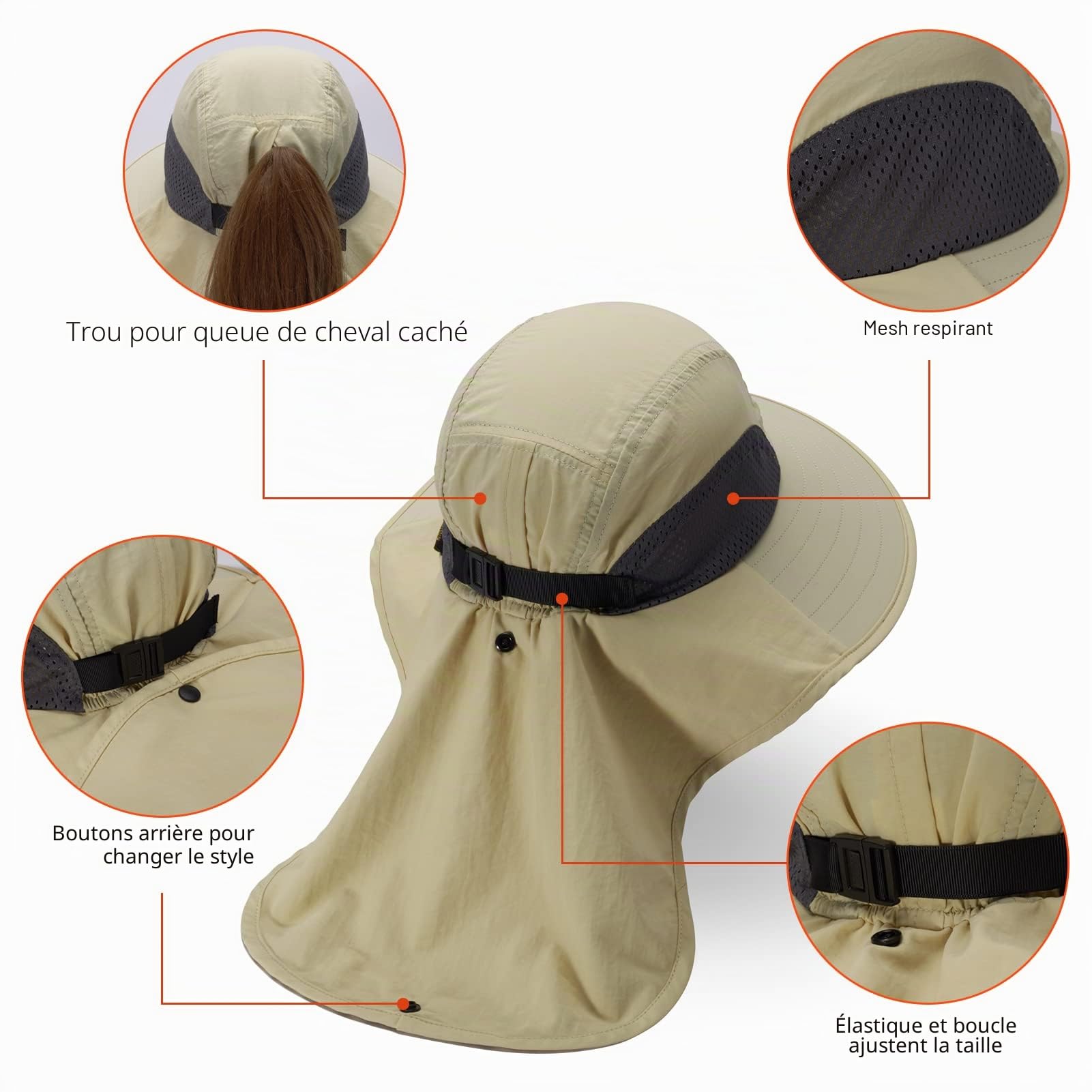 Bassdash Chapeau de Soleil Unisexe Femmes Chapeau de Soleil UPF 50+ Large Bord avec Grande Protection de la Nuque - Queue de Cheval - pour Homme et Femme