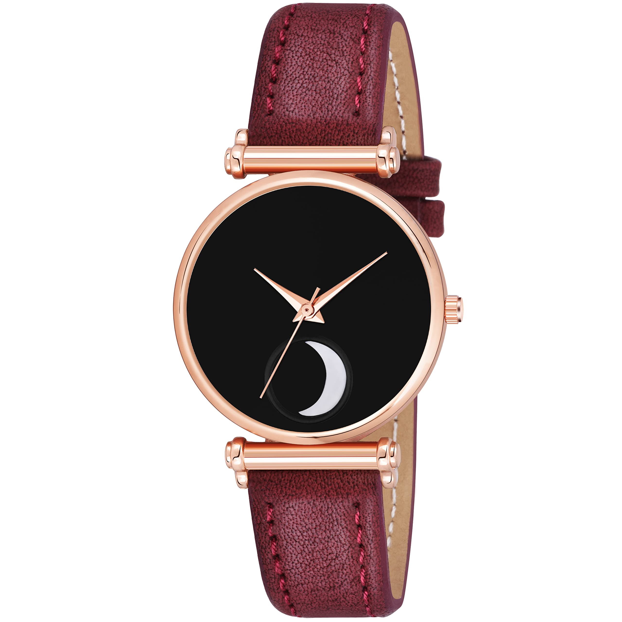 KIARVI GALLERY Clusal Analogue Moon Dial Unique Designer Leather Strap Watch for Girls and Womens (Maroon-2) (B09XKPM81B) Amazon Price History, Amazon Price Tracker
