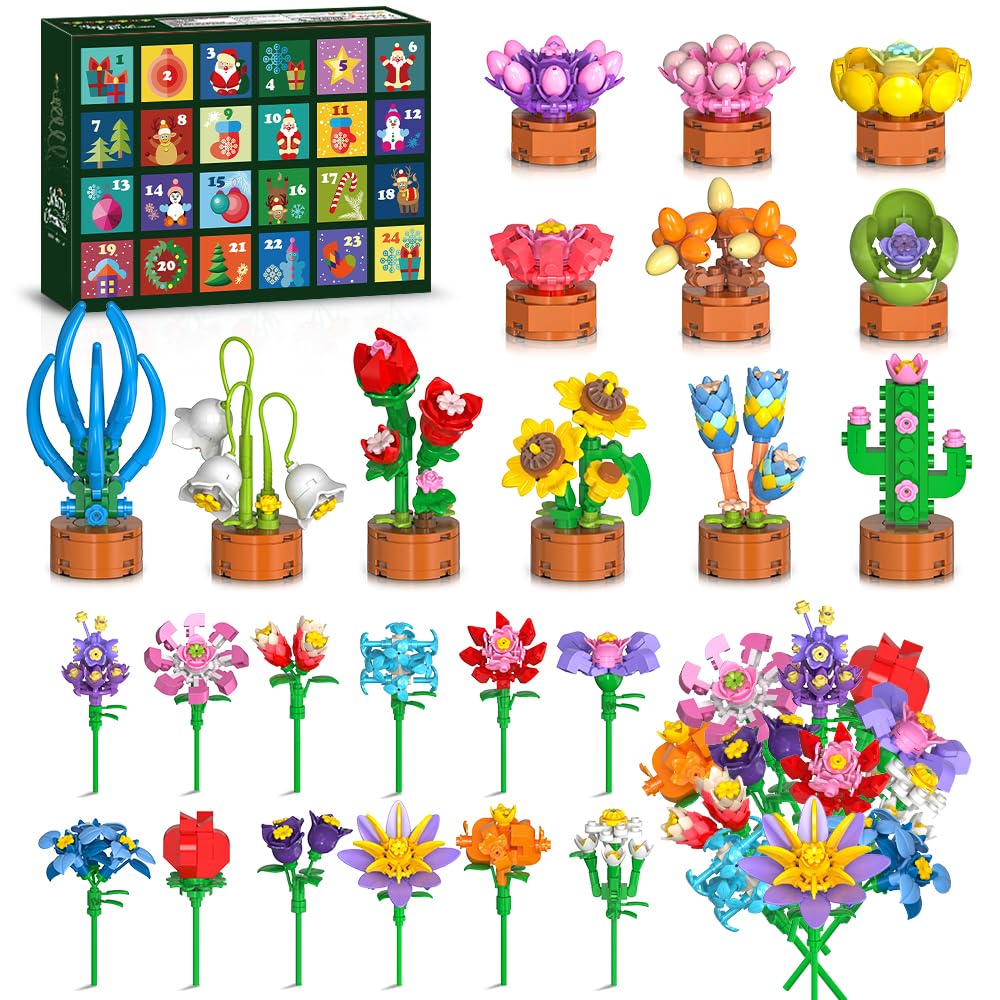 2026 Advent Calendar Flowers Botanicals Christmas Building Sets for Kids 6+
