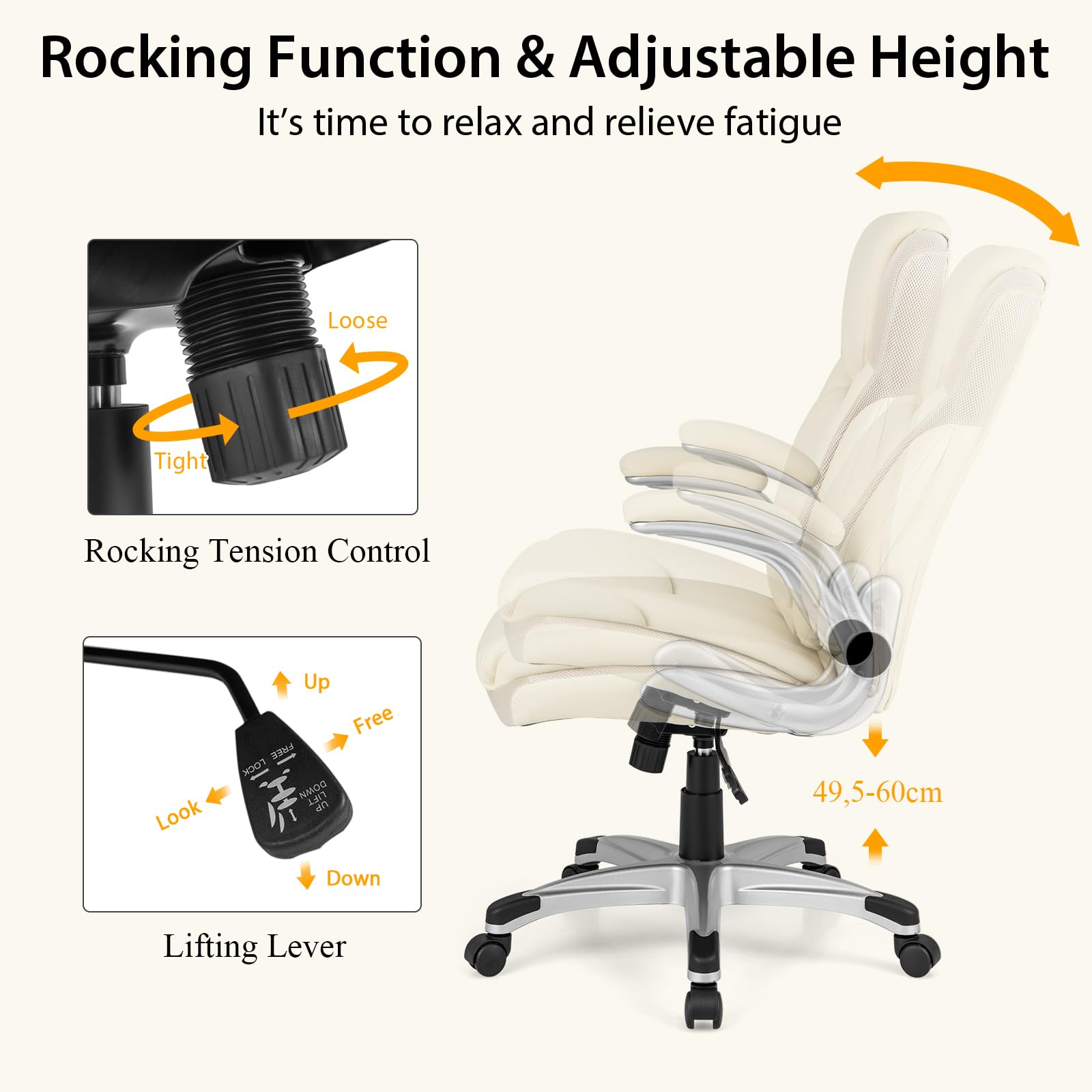 Sedia Ufficio Ergonomica HOMASIS Con Braccioli Pieghevoli E Funzione Dondolo – Girevole Beige, 160 Kg Portata - 3