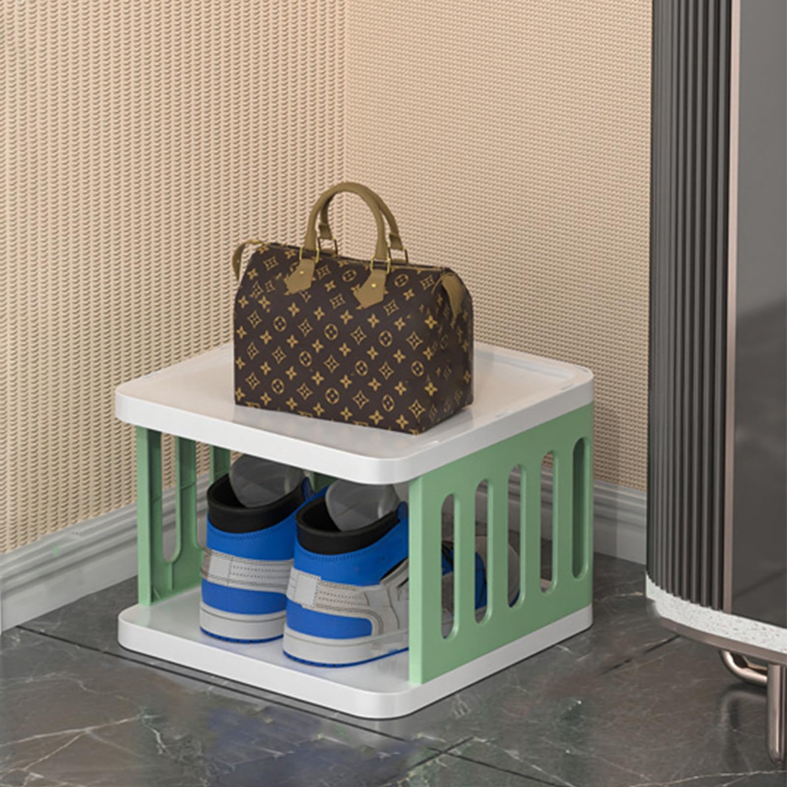 Meuble à chaussures pliable double couche vert et blanc pour l'entrée