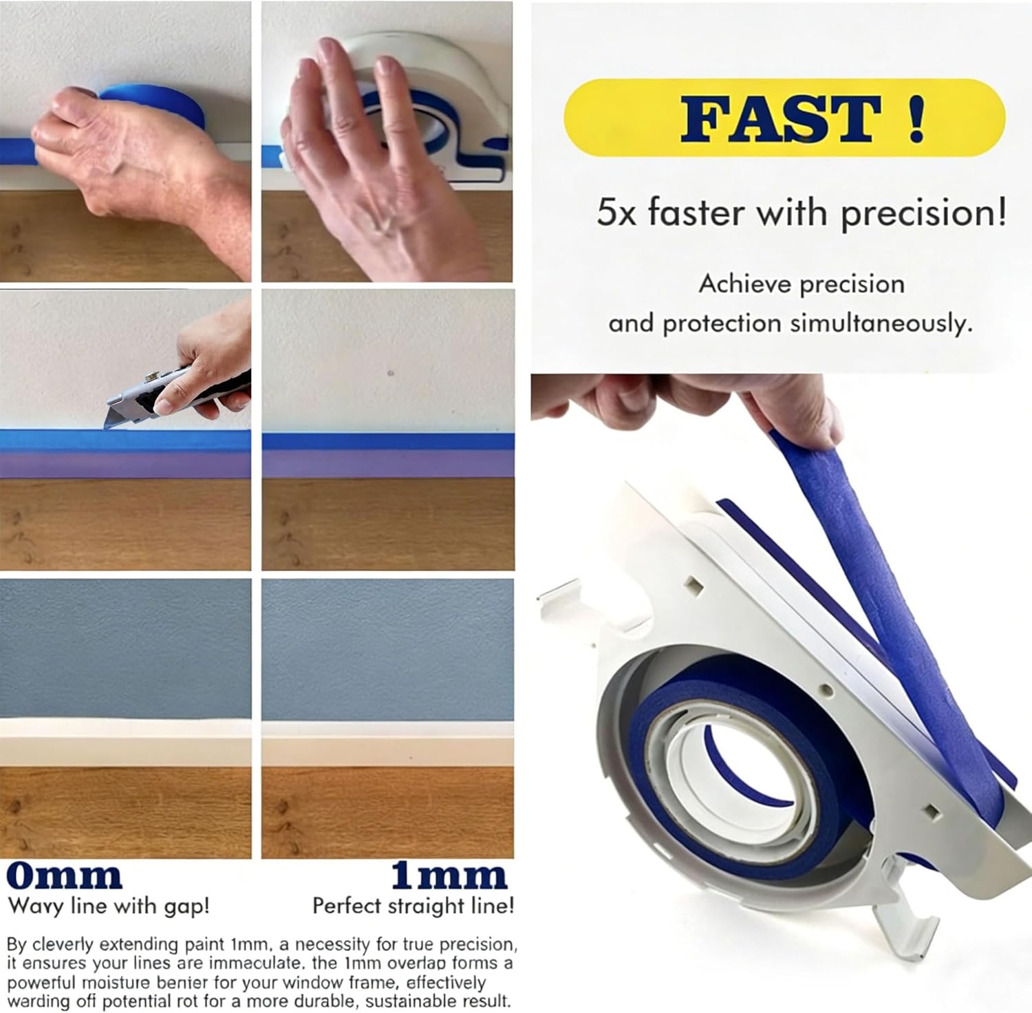 Painters Tape Dispenser, Paint Masking Applicator Tool for Clean Straight Lines, Interior Painting Tools with Built-in Cutter, Anti-Slip Grip for Walls, Trim & Baseboards, Includes one Roll of Tape