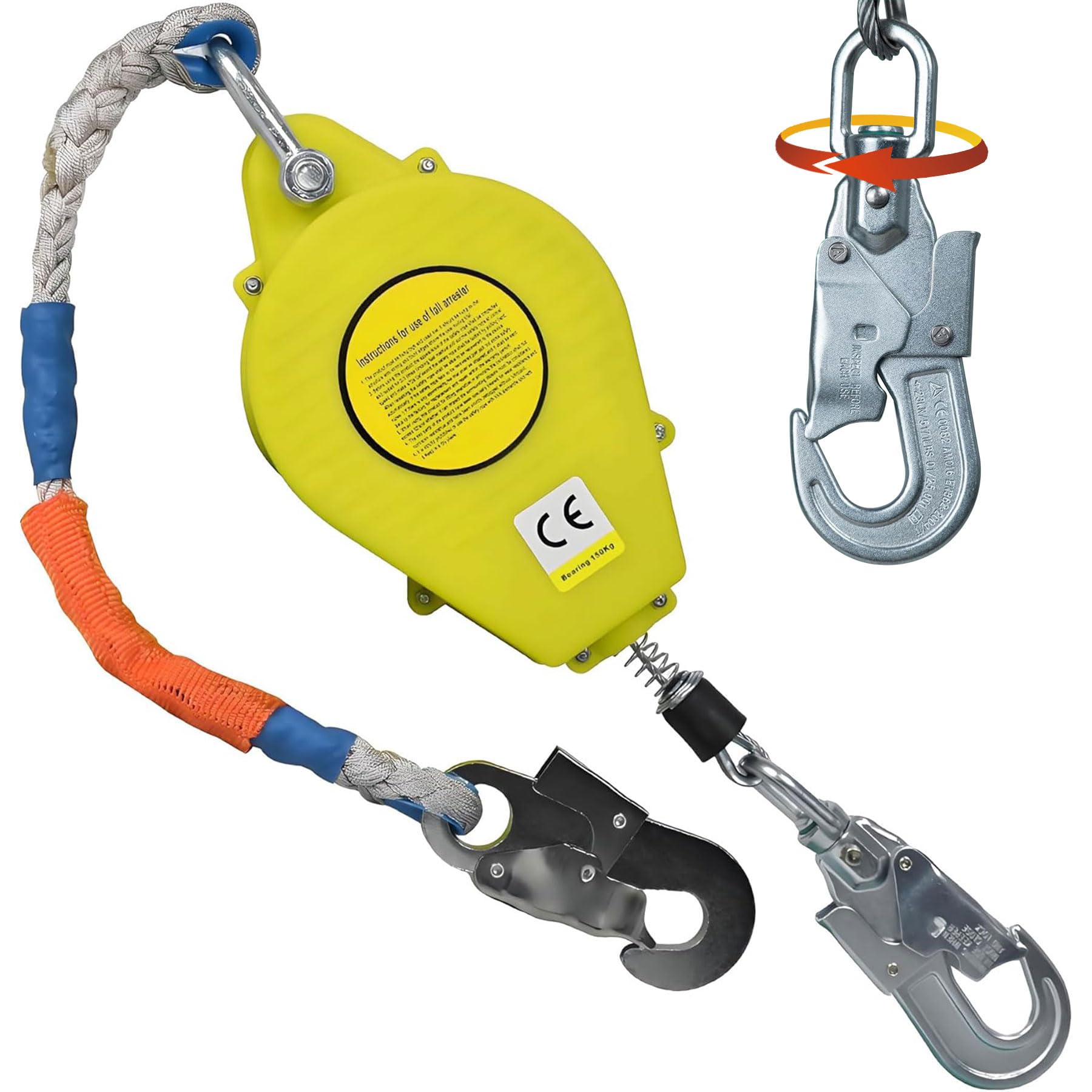 Dispositivo Anticaidas Retráctil Seguridad, 10m/15m/20m Arnés de Seguridad Anticaídas Retráctil Homologado con Gancho Autoblocante, Linea de Vida Retractil para Trabajos en Altura (Amarillo, 10m)