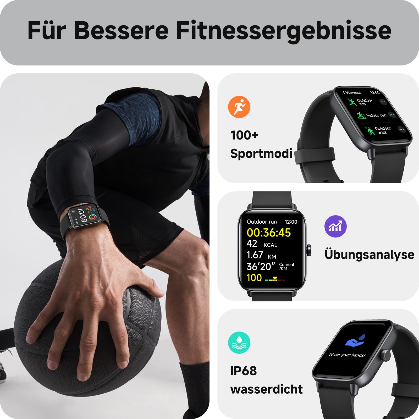 Smartwatch Herren Damen mit Telefonfunktion,1.8" Smart Watch Fitnessuhr mit Whatsapp und Alexa,Herzfrequenz Schlafmonitor,120+ Sportmodi Fitness Tracker,IP68 Wasserdicht Uhren für Samsung/Android/iOS