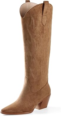 iiimmu Cowgirl Boots Women Knee High Boots Pointed Toe and Block Heel Cowboy Suede and Faux Leather Boots with Embroidered