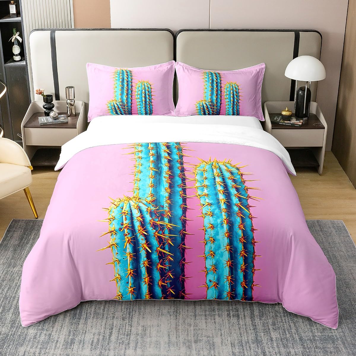 Cactus 100% Cotton Duvet Cover Set Super King Size for Kids Girls Tropical Pink Green Cactus Bedding Set Boho Succulent Botanical Comforter Cover Set Bright Colorful Bedroom Decor Bedspread Cover