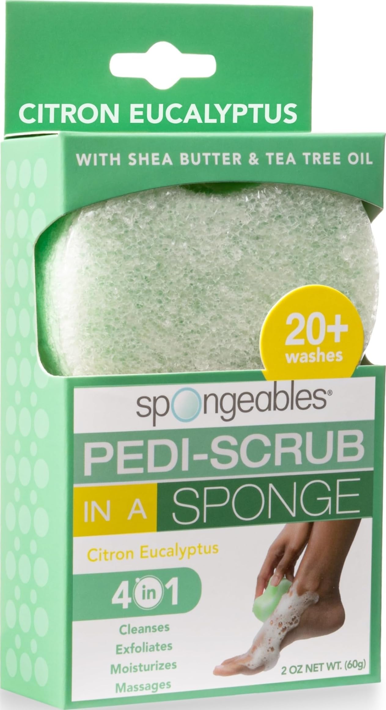 Spongeables Pedi Scrub Foot Exfoliating 5+ Wash Travel Sponge, Citron Eucalyptus, 1 Count