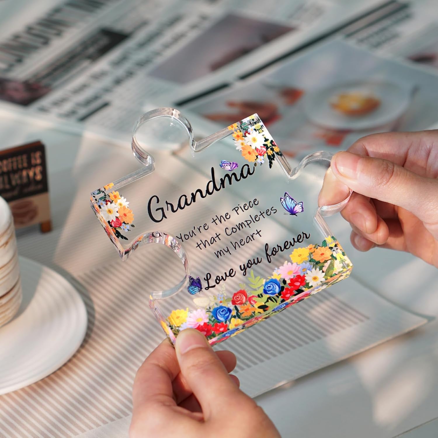 ADDWel Ultimate Grandma Gift Bundle: Preserved Real Roses with Sterling Silver Necklace & Engraved Acrylic Puzzle Block - Unique Birthday, Mother's Day, Christmas Gifts for Grandmother Nana