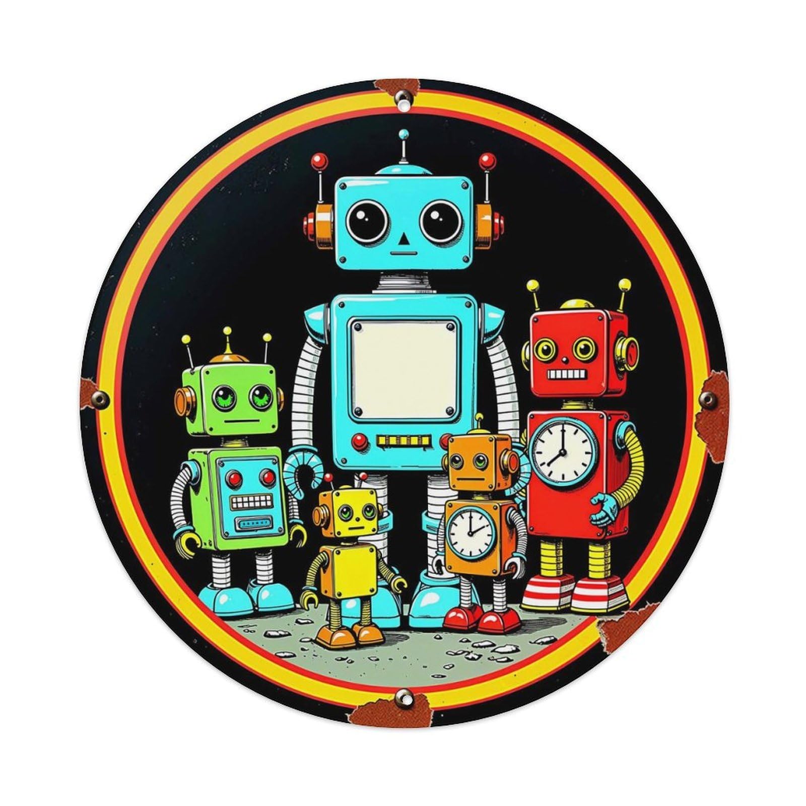 Colorful Robots In Circle Tin Sign Metal Poster Vintage Metal Signs for Home Man Cave Bar Cafe Kitchen laundry room Wall Decorations Gift 8x8Inch