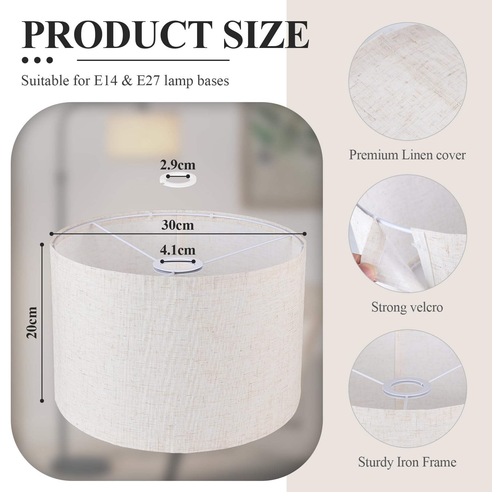 EFUTURETIME Klosz do lampy z tkaniny H20 X Ø 30cm, klosz bębnowy pasujący do opraw E14/E27, do lampy stojącej, sufitowej, wiszącej, ścienny, lampki nocnej, stołowej, beżowy