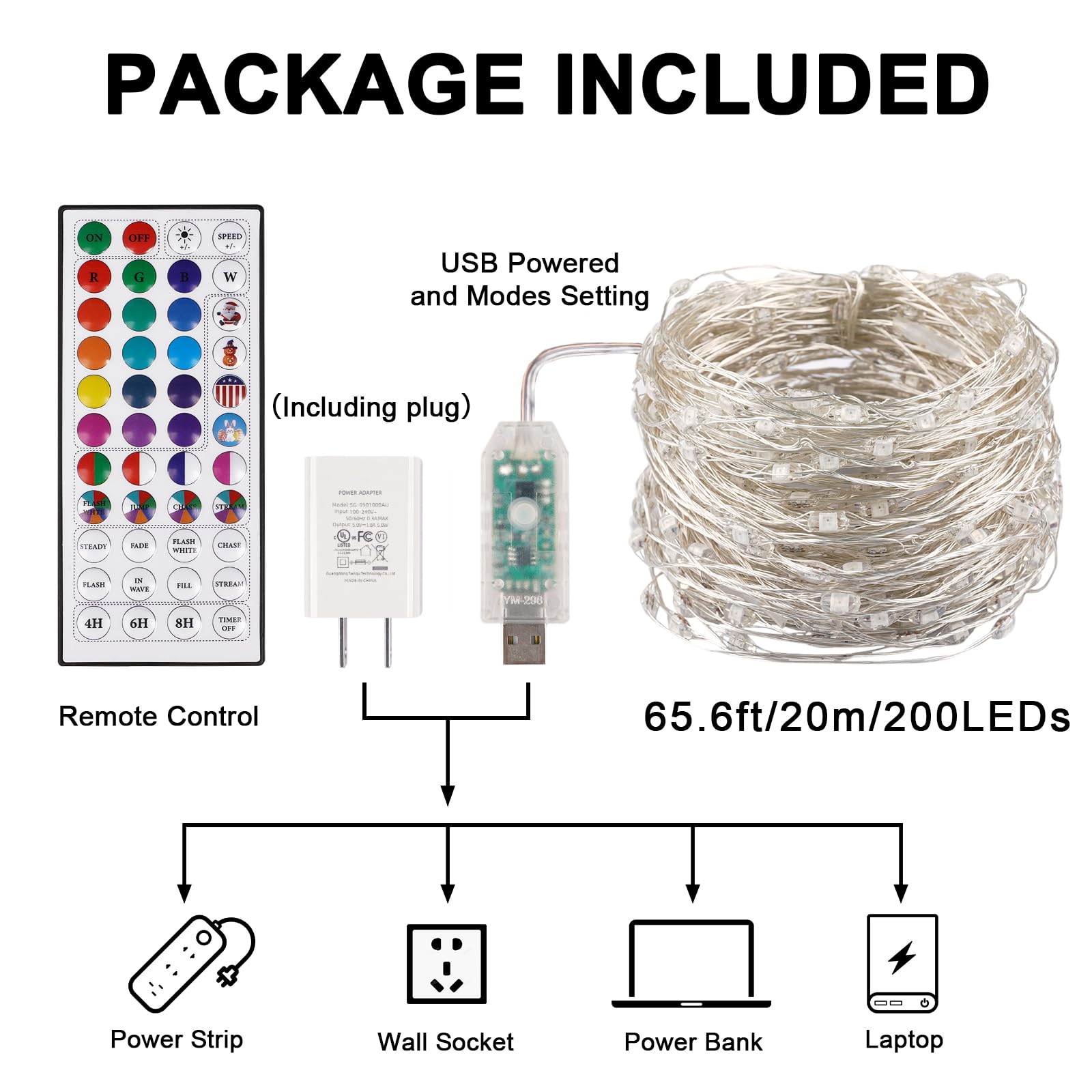 Guirlande lumineuse 200 LED avec télécommande, 196 modes, 24 couleurs changeantes, vitesse réglable, étanchéité IP65, pour arbre, fête, mariage, festival, décoration de chaises de chambre à coucher