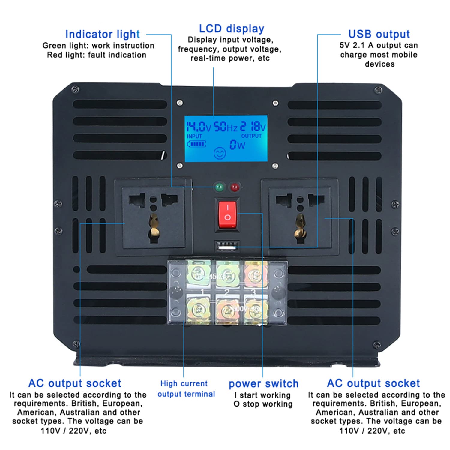 2000W 3000W 4000W 5000W falownik czysta fala sinusoidalna 12V 24V 48V do 230V przetwornica napięcia samochodowego przetwornica napięcia z ekranem LCD i 2 portami USB,5000W-12V