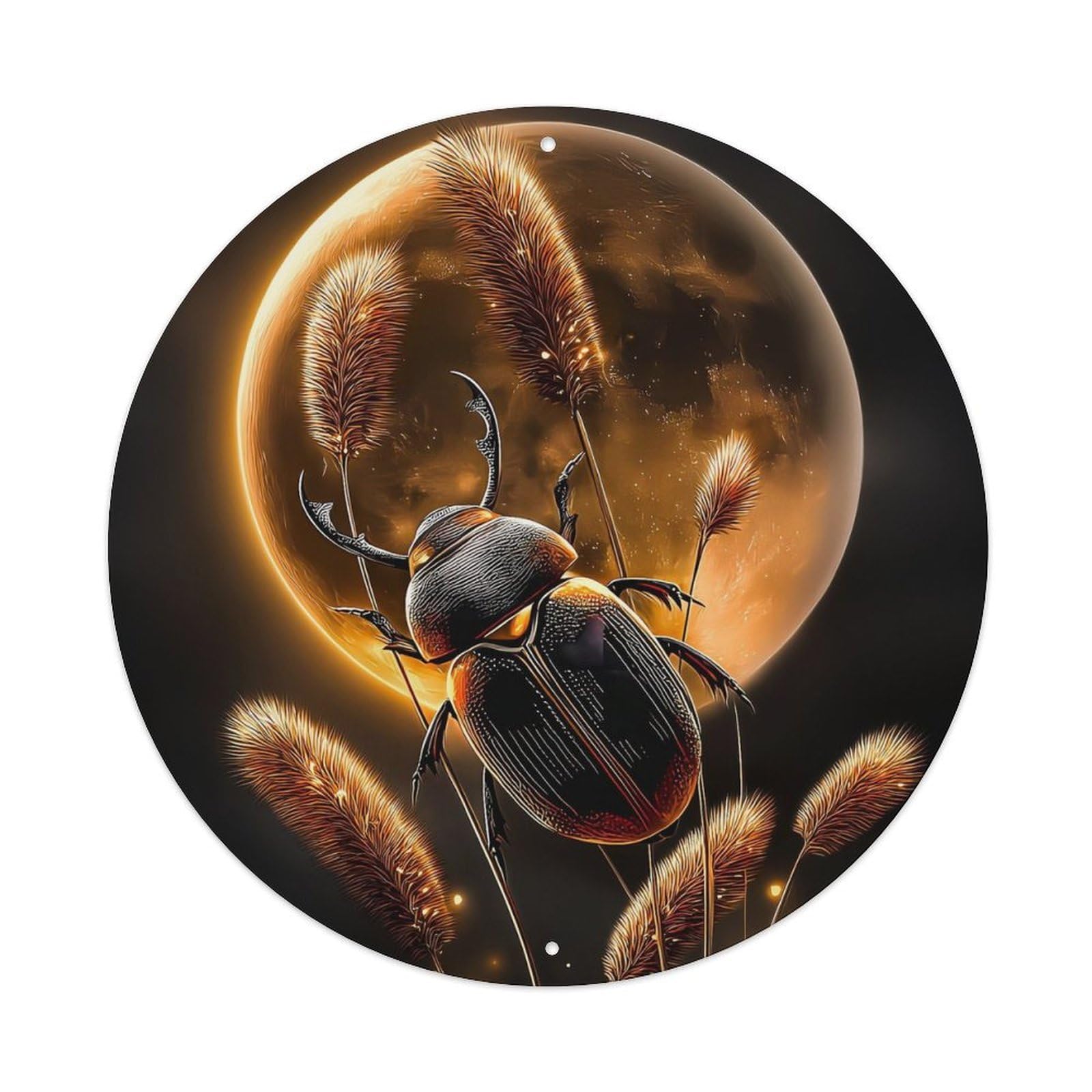 Animal Poster Rhinoceros Beetle Full Moon Hare's Tail Grass Glowing Night Nature Vintage Metal Tin Sign Plaque Wall Decor for Cafe, Club Bar, Office, Garden Metal Poster 8x8Inch