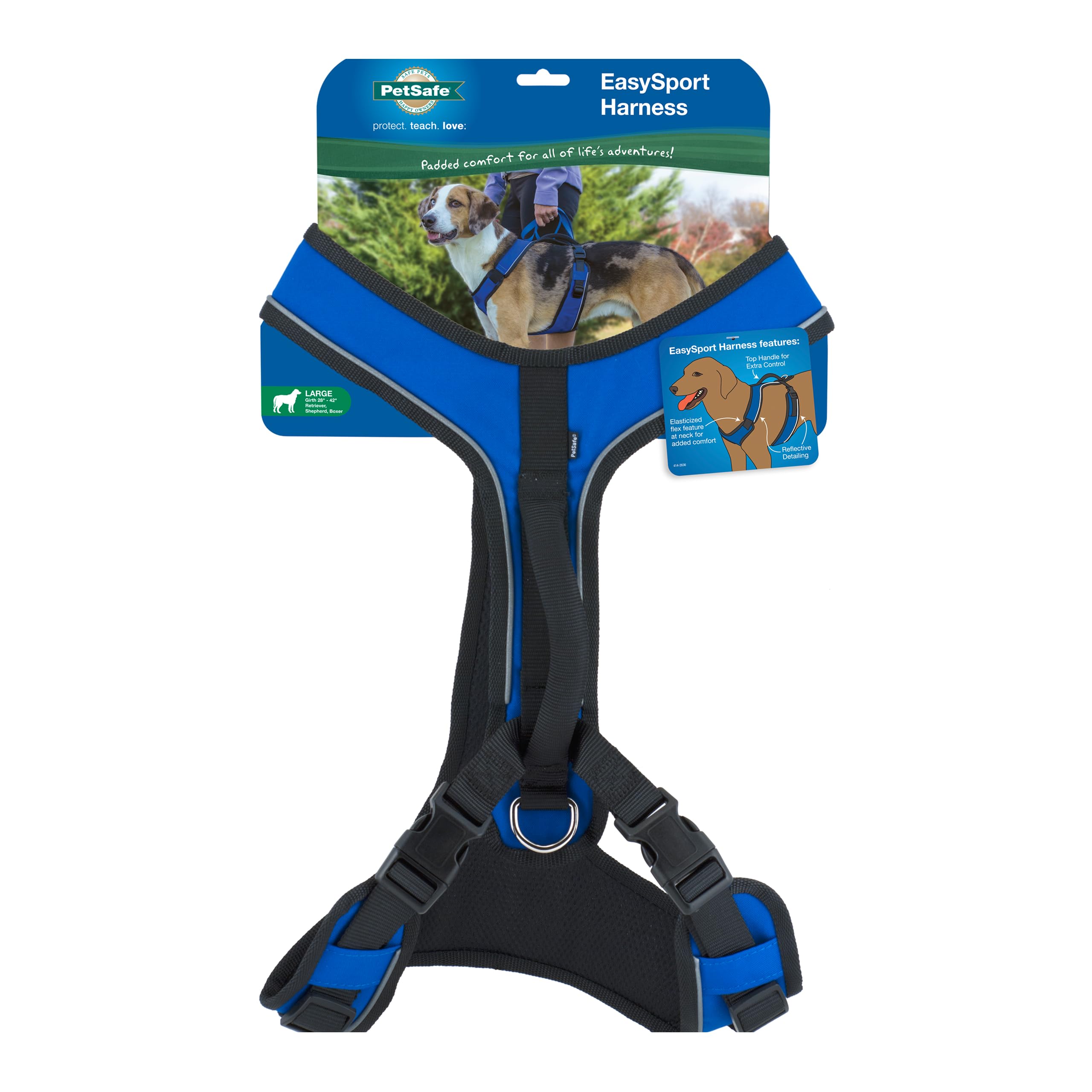 PetSafe EasySport Harness - Durable Padded Fabric, Adjustable Elastic Neckline, Rear-Leash Attachment & Nighttime Reflective Visibility - No Choke or Gag Secure Fit - Large - Blue, Large, Blue