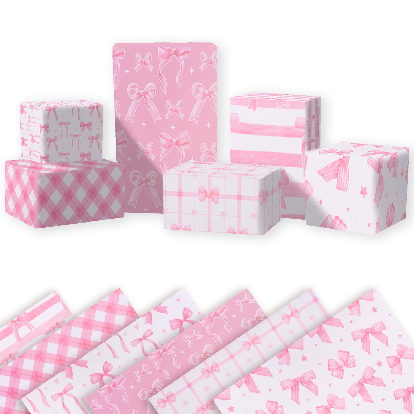KIUEZIR Pink & White 12 Packs Bow Wrapping Paper Sheets Set - Durable & Thick Foil Paper Material, Perfect Present Wrap Set for Women Birthday, Wedding, Christmas & Any Occasion, 50 × 70cm