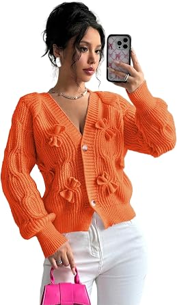 Womens Cropped Bow Chunky Knit Cardigan Sweaters Open Front Cozy Long Sleeve Button Up Cardigans for Winter Orange