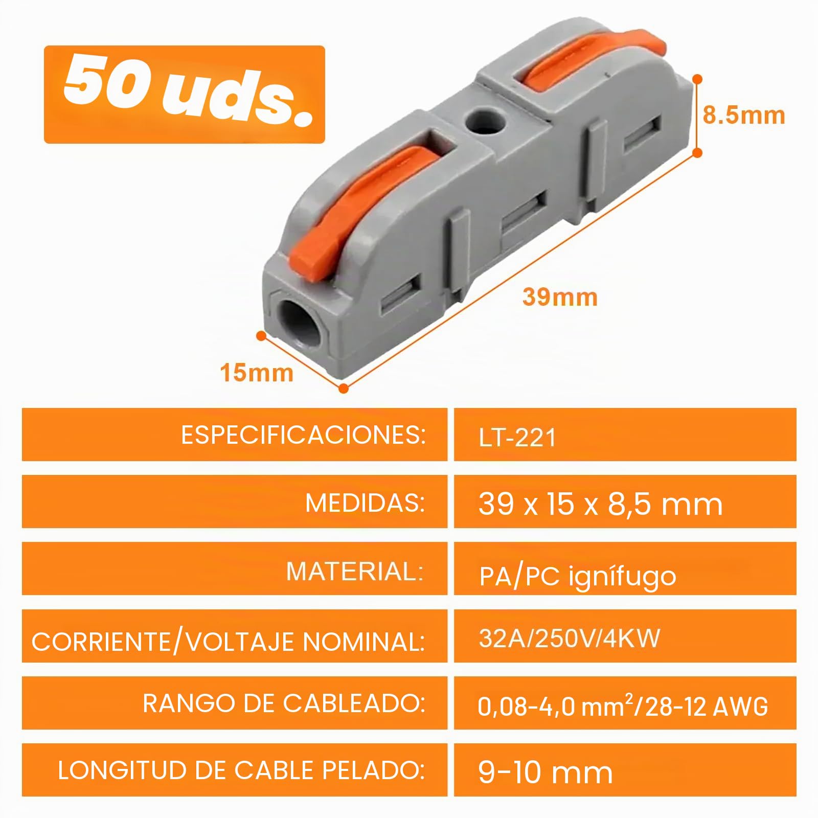 50 Piezas Conectores Electricos Rapidos, SPL-1 Clemas Electricas con Palanca, Fichas de Empalme Electrico en Línea 28-12 AWG Pueden Combinar Libremente SPL1-5, Acoplamientos de cable