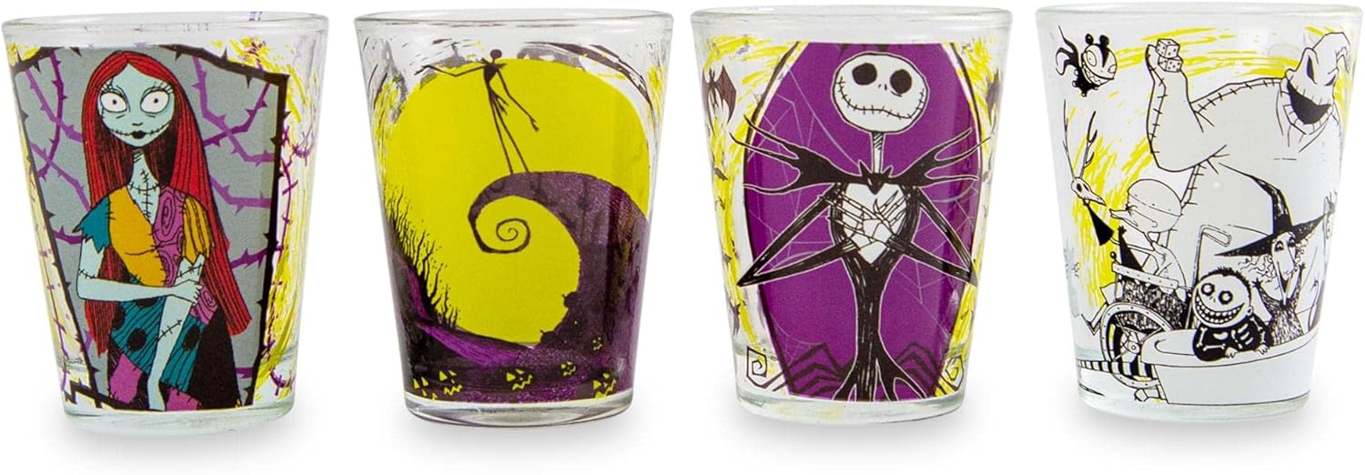 Silver Buffalo Disney Nightmare Before Christmas Featuring Oogie Boogie, Sally, and Jack Skellington 4 Pack Mini Glasses, 1.5 Ounces