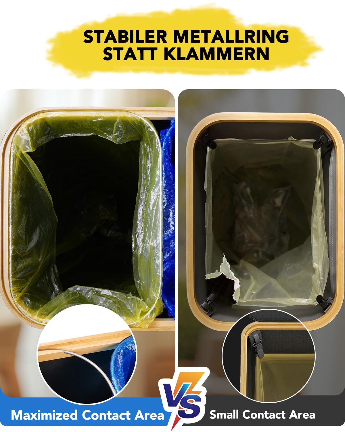 SOUTHGATE 160L Gelber Sack Ständer aus 900D Oxford-Stoff, Mülleimer 2 Fächer zur Mülltrennung mit Bambusdeckeln für Küche & Haushalt, passend für 70-90L Müllsäcke [Ohne Innentasche], Schwarz
