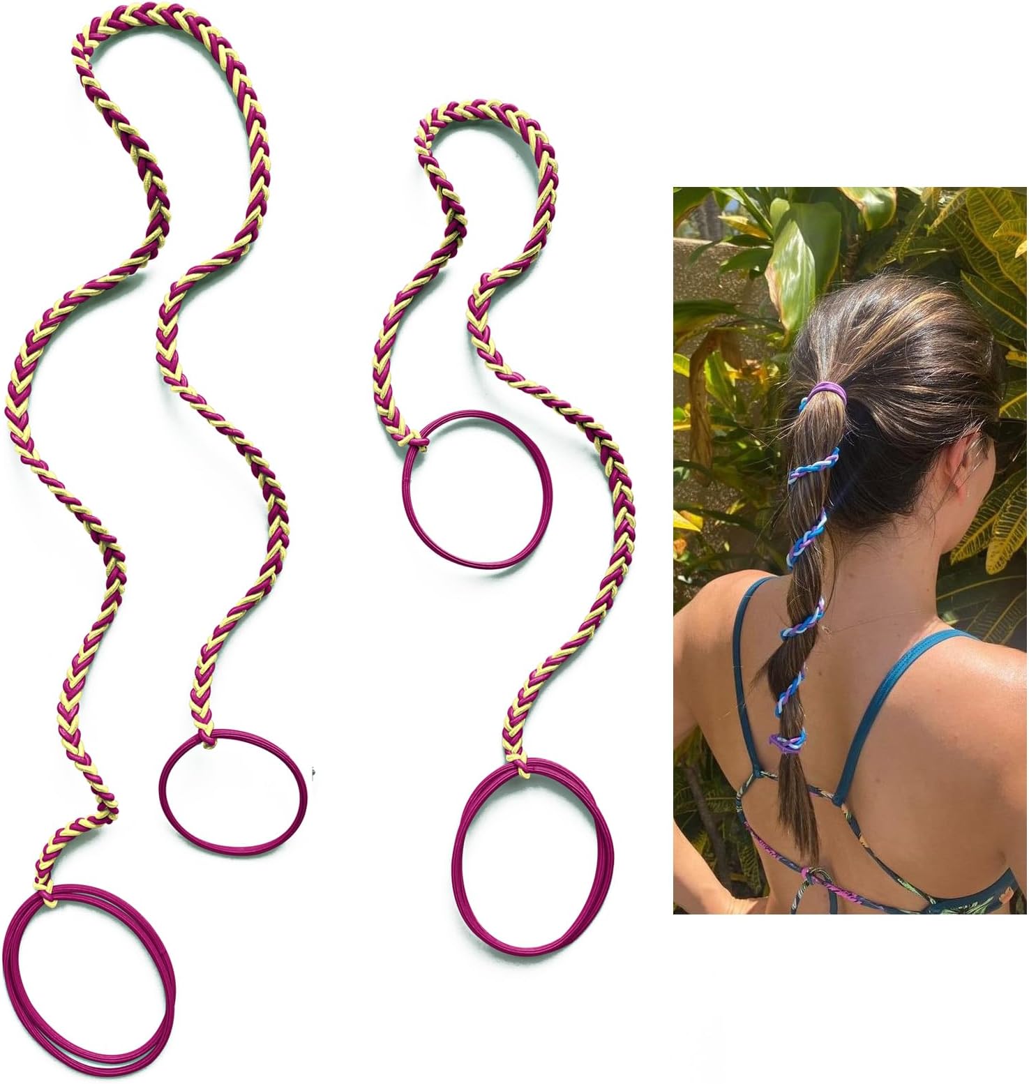 2 Packs (1PC 16"+1PC 25") Hot Pink and Yellow Hair Ties No Hooks for Women, Elastic Strong Hair Bands for Long Thick Curly Hair Ponytails Holders for Swim Diving Motorcycle Rides Skiing Surf