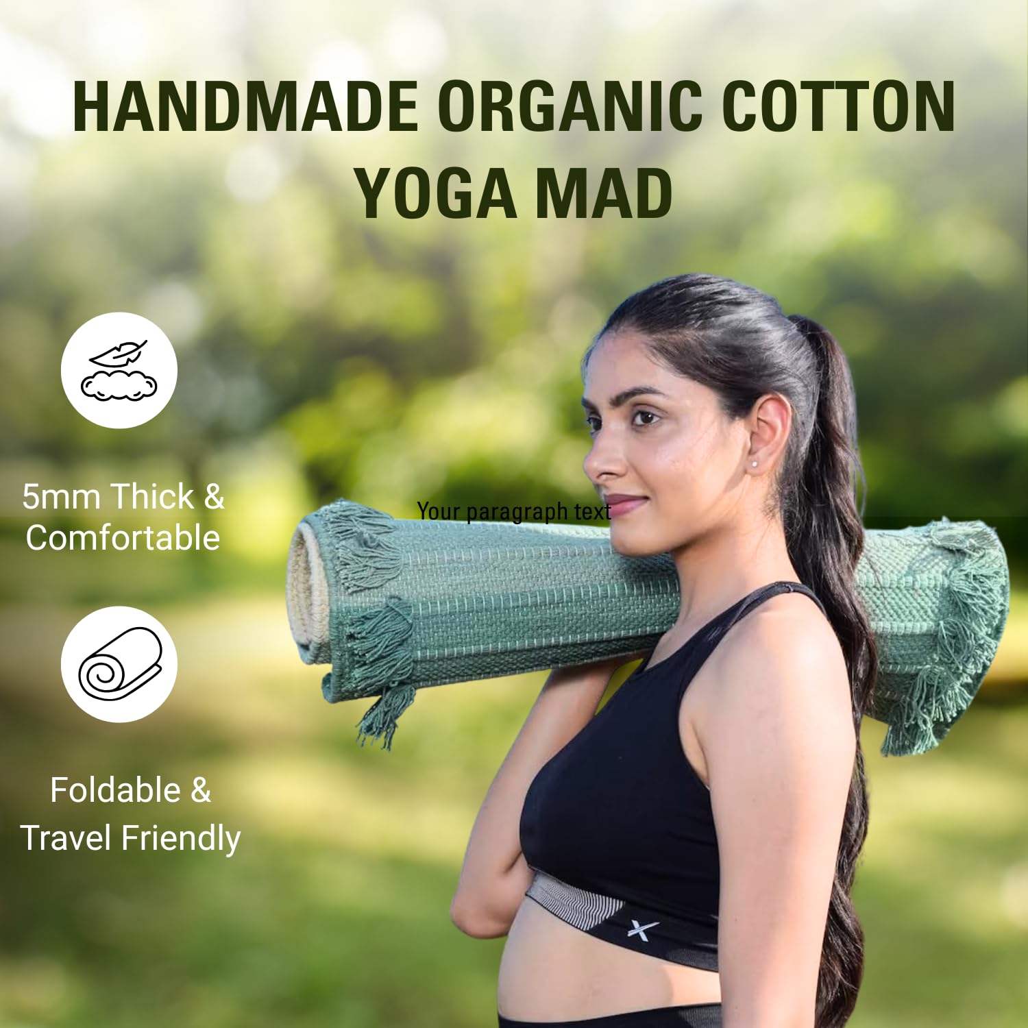 Tapete de yoga de algodón 100% orgánico antideslizante – Alfombra ecológica tejida a mano – Antideslizante y gruesa para el ejercicio diario en casa – Cómoda extra larga – 24 x 72 3