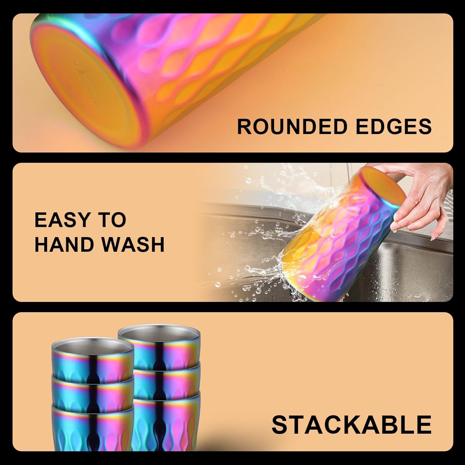 Buyer Star 10oz Edelstahl Becher Set, 6 Stück Doppelwandiger Metallbecher, Vakuum Stapelbar Isolierte Tragbare Trinkbecher Unzerbrechliche Gläser, für Zuhause Outdoor Restaurant (Regenbogen Farbe)
