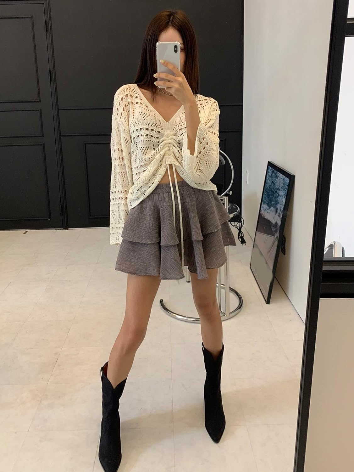 Women's Sweater Drawstring Front Drop Shoulder Open Knit Sweater Without Bra Sweater for Women (Color : Apricot, Size : Medium)