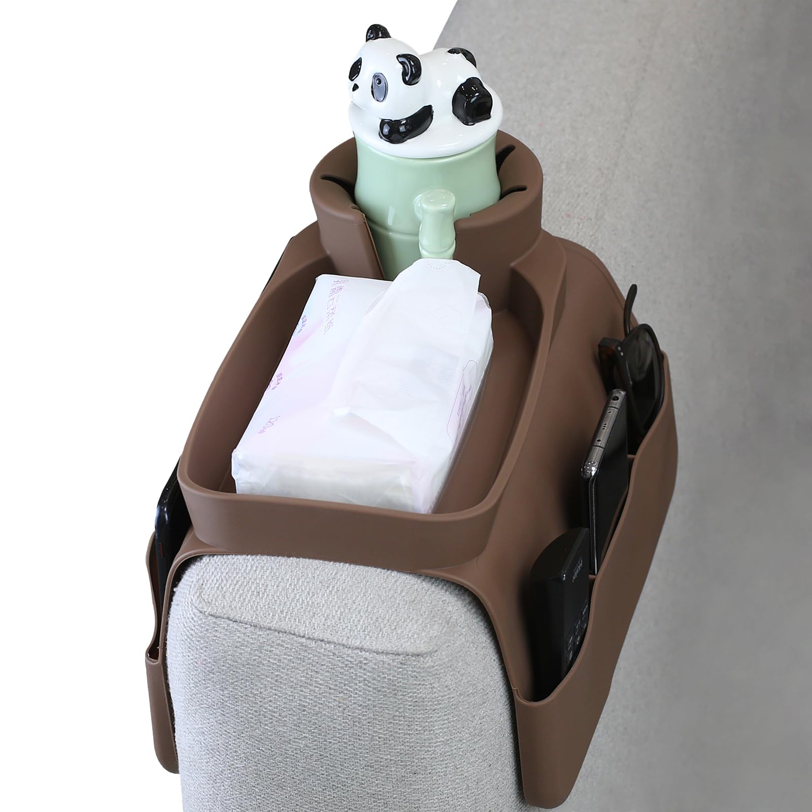 Silicone Sofa Cup Holder Tray, Non-Slip Sofa Armrest Cup Holder with Side Pockets, Multifunctional Armrest Storage Box, Suitable for Mobile Phones, Snacks, All Kinds of Cups ﻿ (Coffee color)