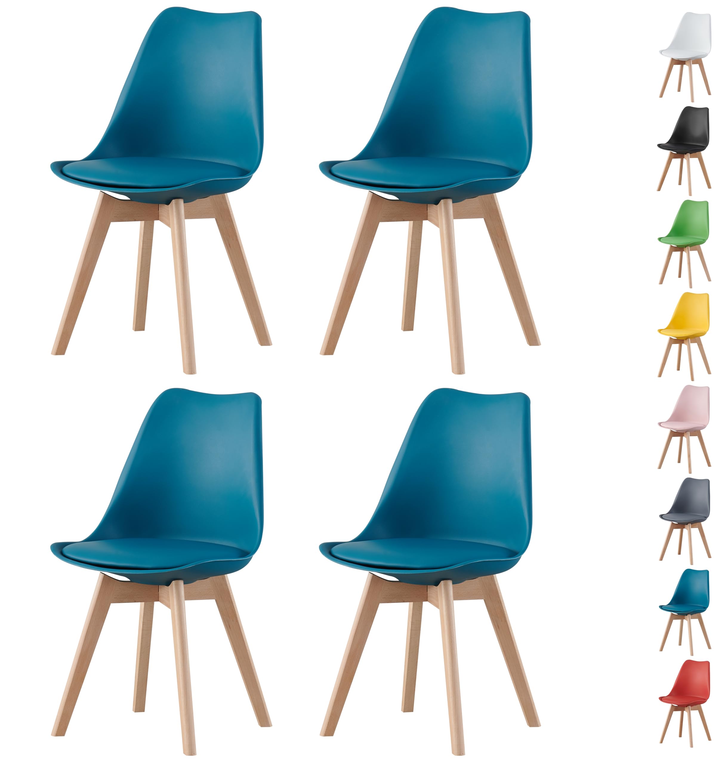MOF Dining Chairs Set of 4 – Modern Faux Leather Dining Room Chairs with Wooden Legs, Padded Seat & Curved Backrest – Easy to Clean Chair for Lounge, Kitchen, Office - Stylish DELUXE Retro EVA (TEAL)