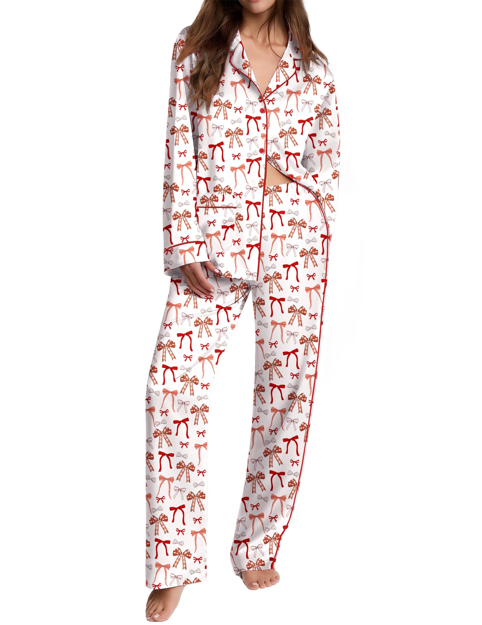 Ekouaer Womens Pajama Sets Satin Silk Pjs Long Sleeve Button Down Sleepwear | Soft Pjs Set, Notch Collar, Contrast Piping, 2 Piece Lounge Set, Classic Loungewear with Chest Pocket