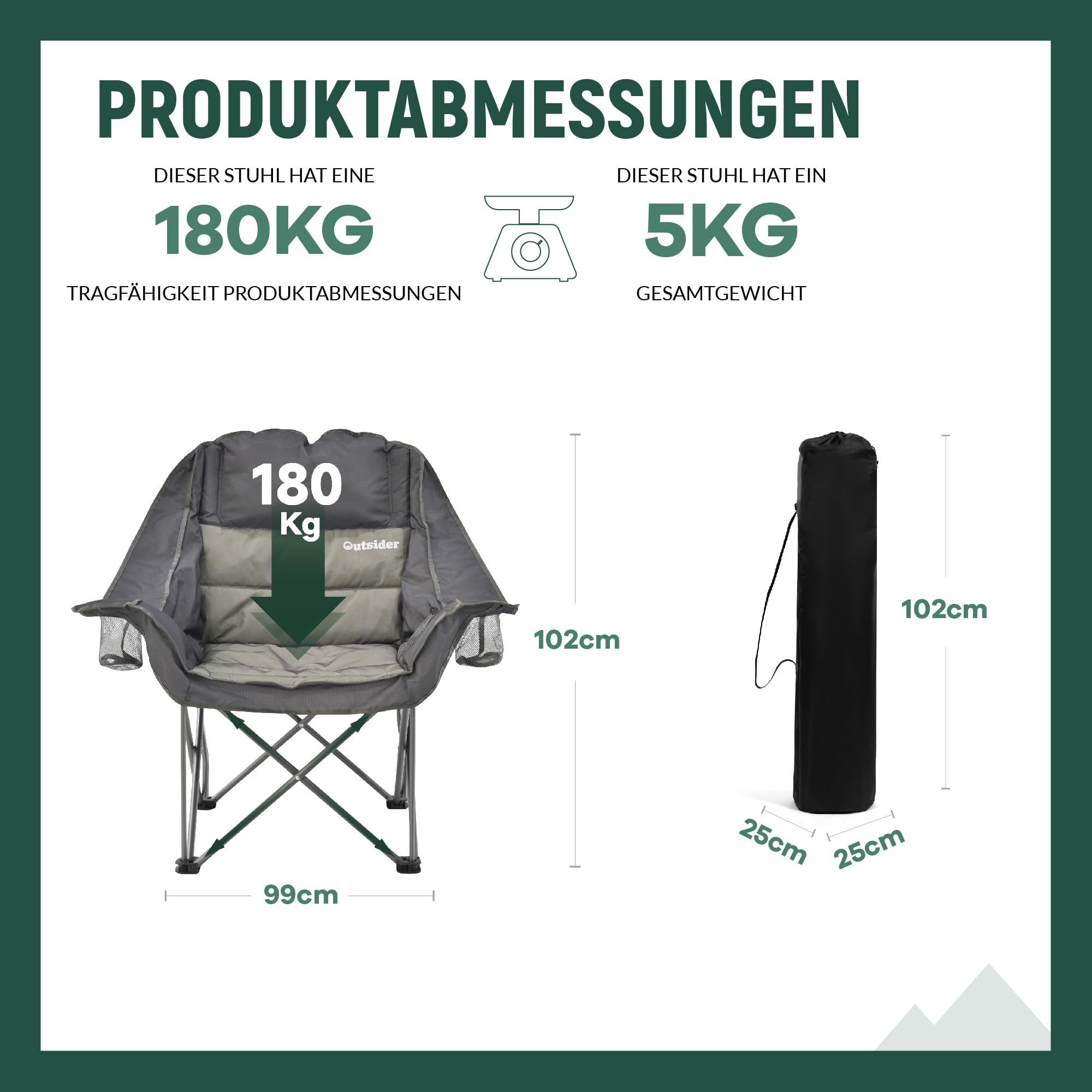 OUTSIDER Übergroßer Campingstuhl 180KG Gepolsterter Klappstuhl Campingsofa mit Getränkehalter hoher Rückenlehne für Outdoor Indoor Camping Garten