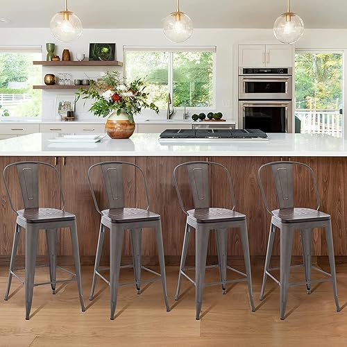 Miniatura 8 de Aklaus Taburetes de bar giratorios de metal con respaldo, juego de 4 taburetes de altura de mostrador, sillas de bar con respaldo alto de 26