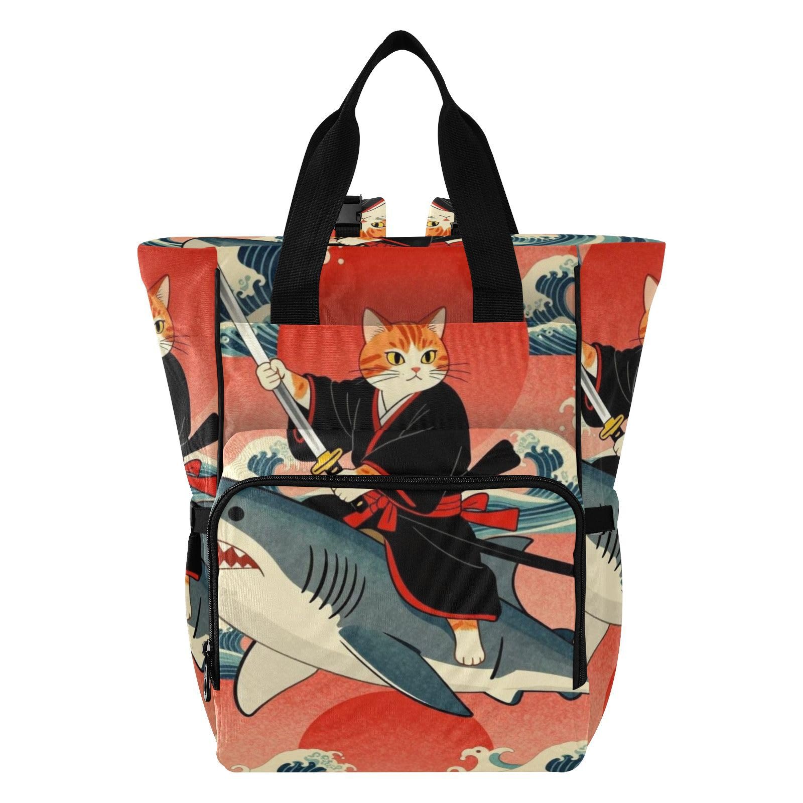 Mochila pañalera para mamás, papás, vintage, japonés, samurái, gato