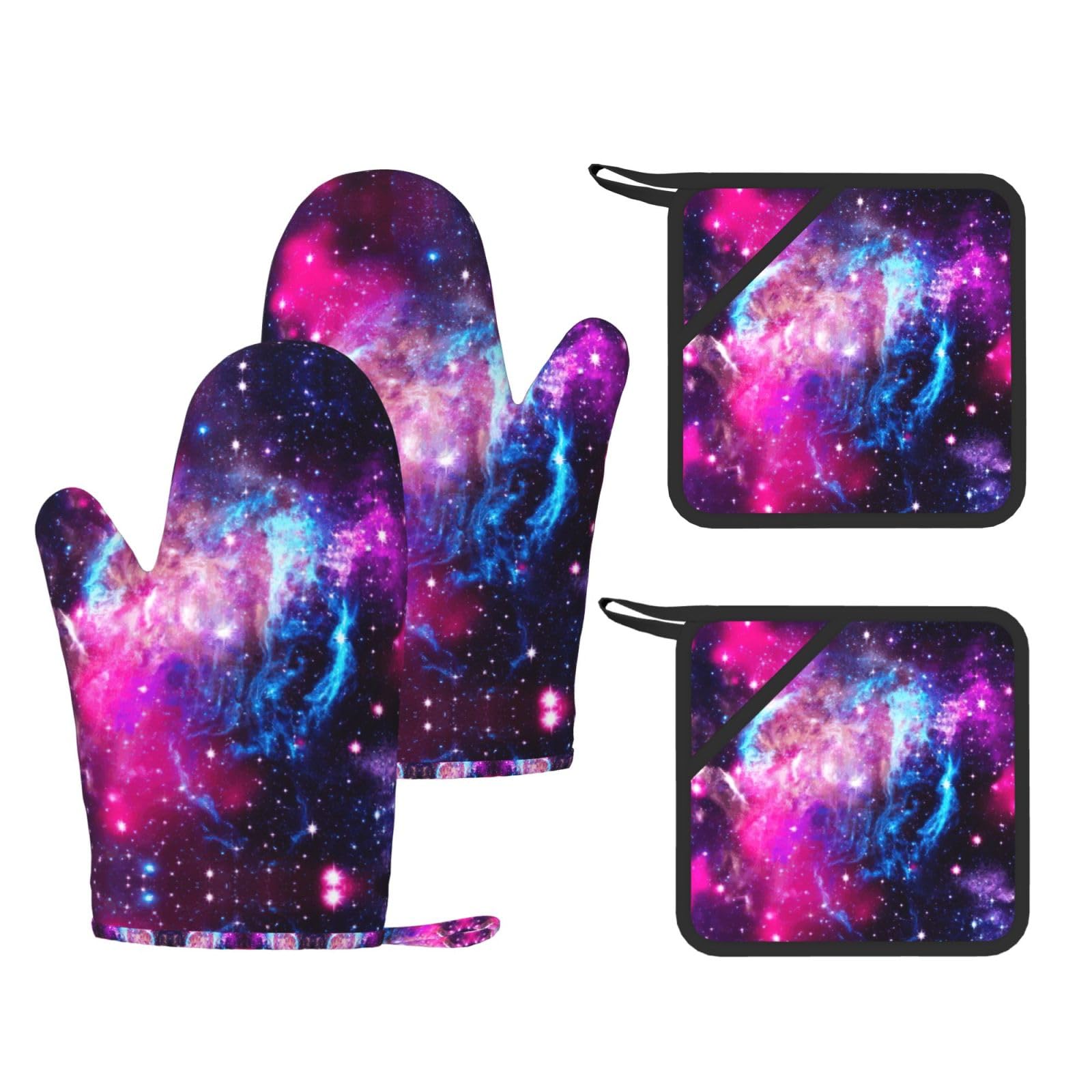 galaxy Printed Potholder and Oven Mitt Set of 4, High Heat Resistant Cooking Gloves for BBQ Grilling