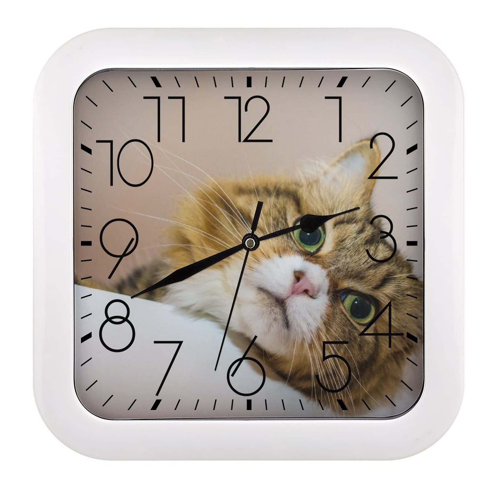 Horloge murale carrée chat mignon de 26x26cm avec grands chiffres